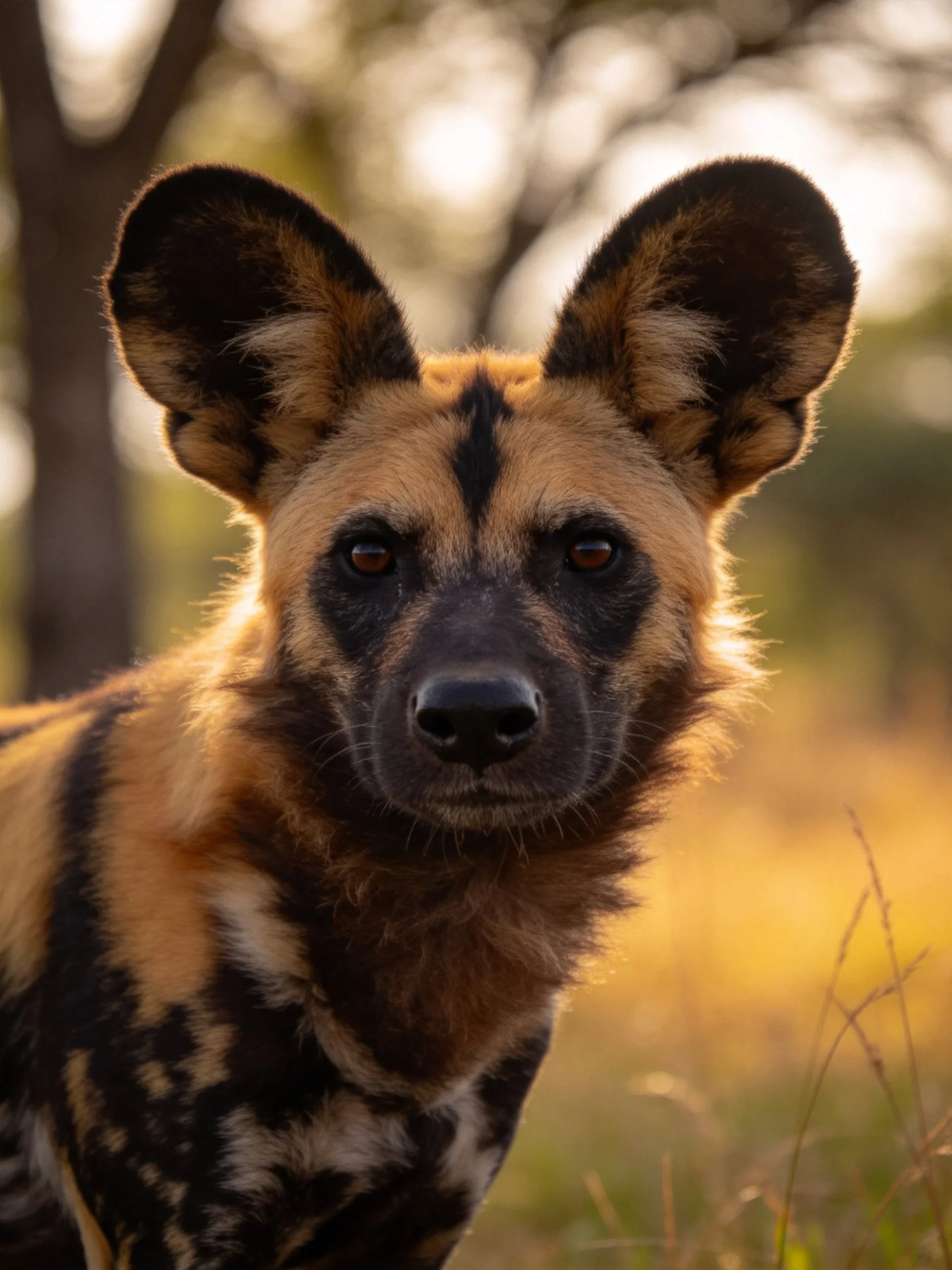 African wild dog with large ears and colorful spotted fur