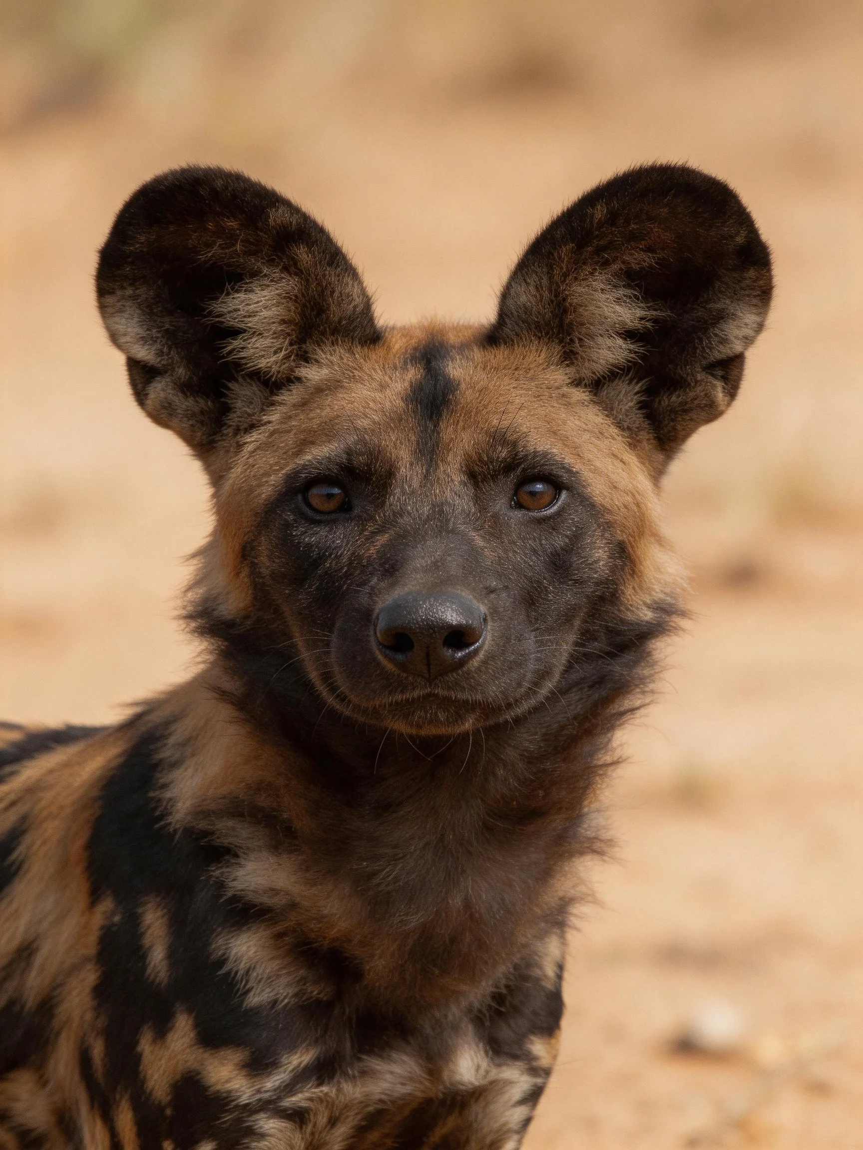 African wild dog with large ears and patterned brown-black coat