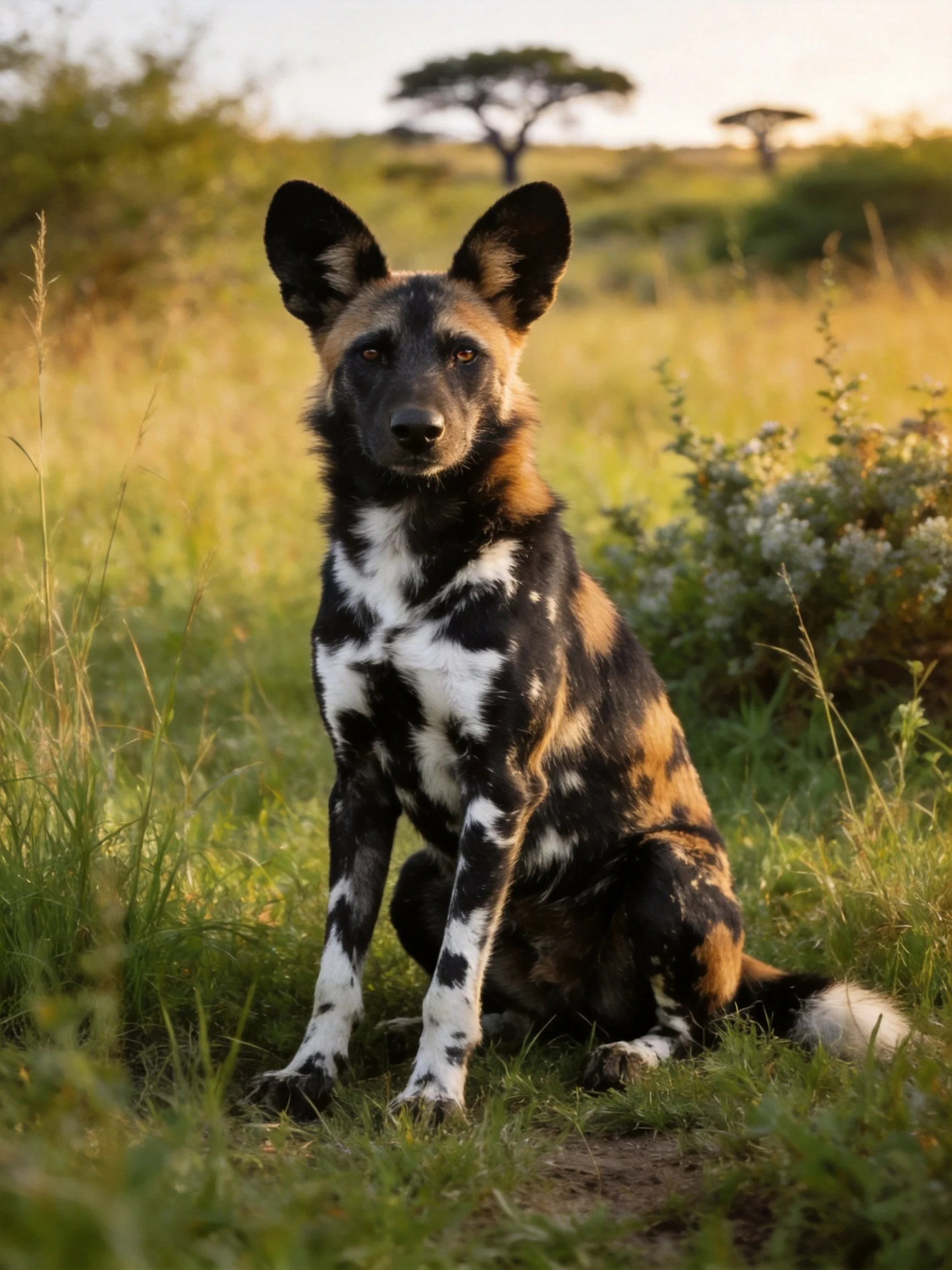 An African wild dog with a spotted coat rests in savannah grass.