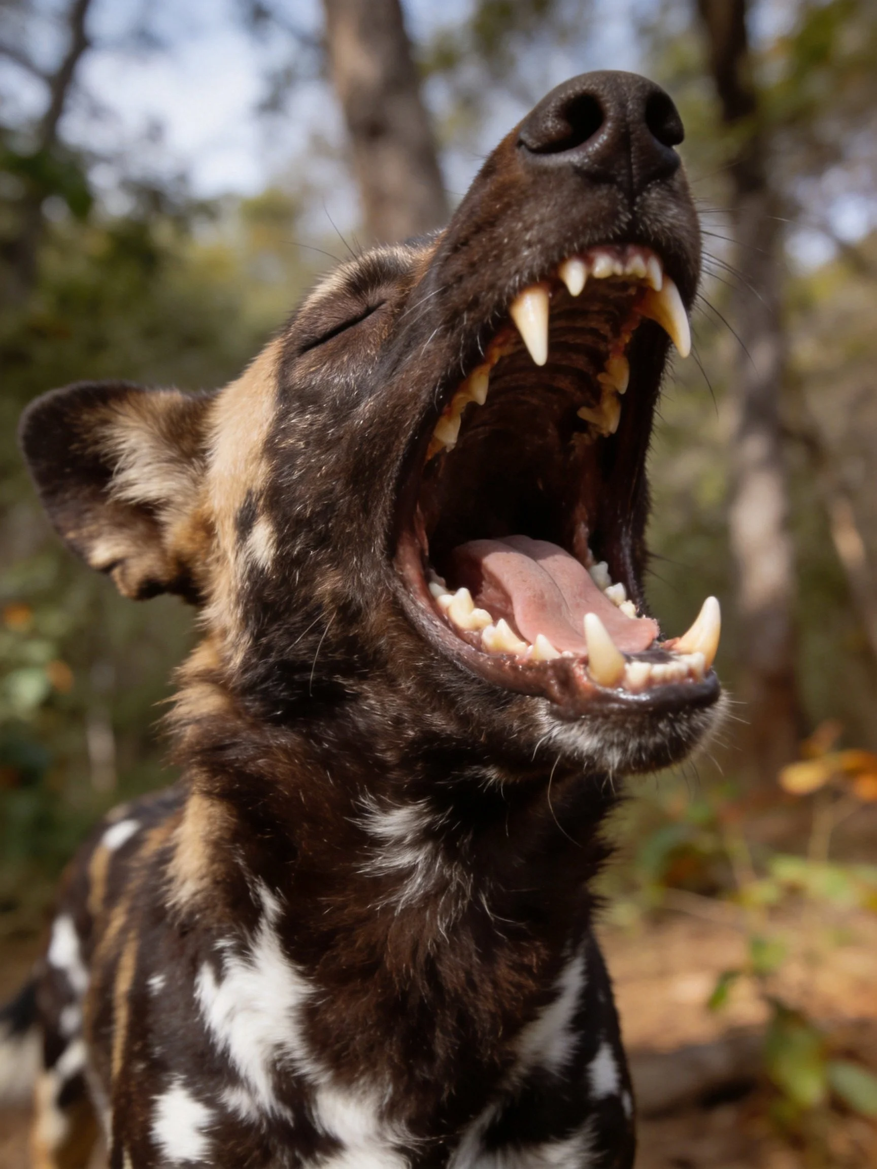 An African wild dog yawns widely outdoors, displaying its teeth and unique spotted fur.
