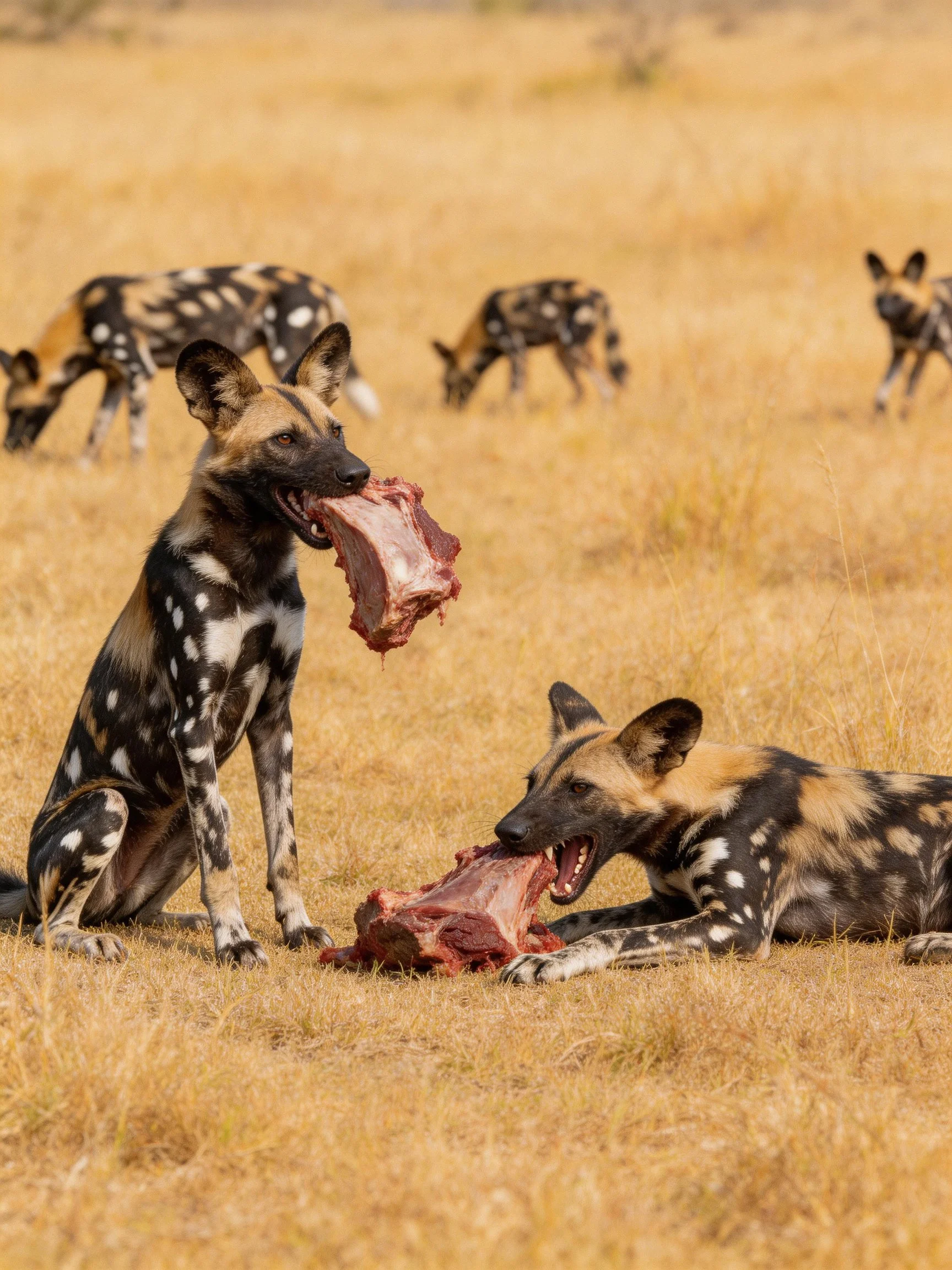 African wild dogs consuming raw meat in golden savannah grasslands