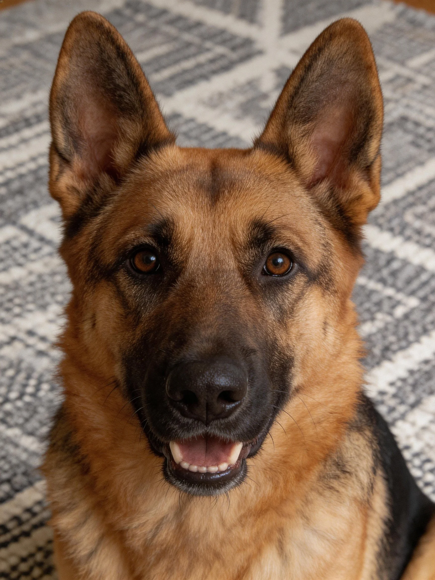 Alert German Shepherd with tan and black fur, upright ears, direct gaze.