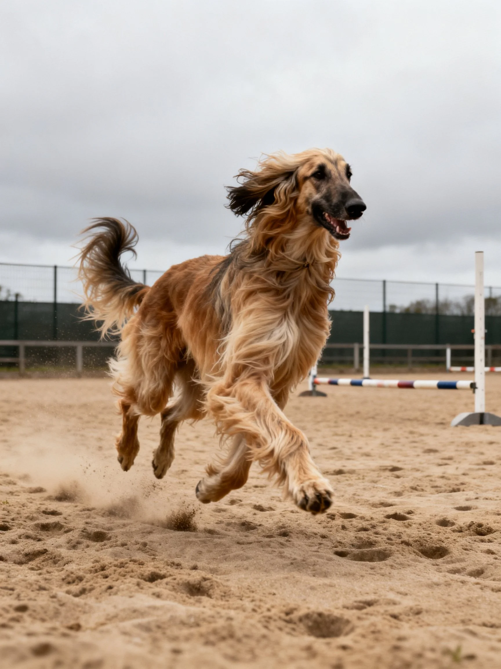 An Afghan Hound Sprints Across Sandy Terrain Near Agility Obstacles