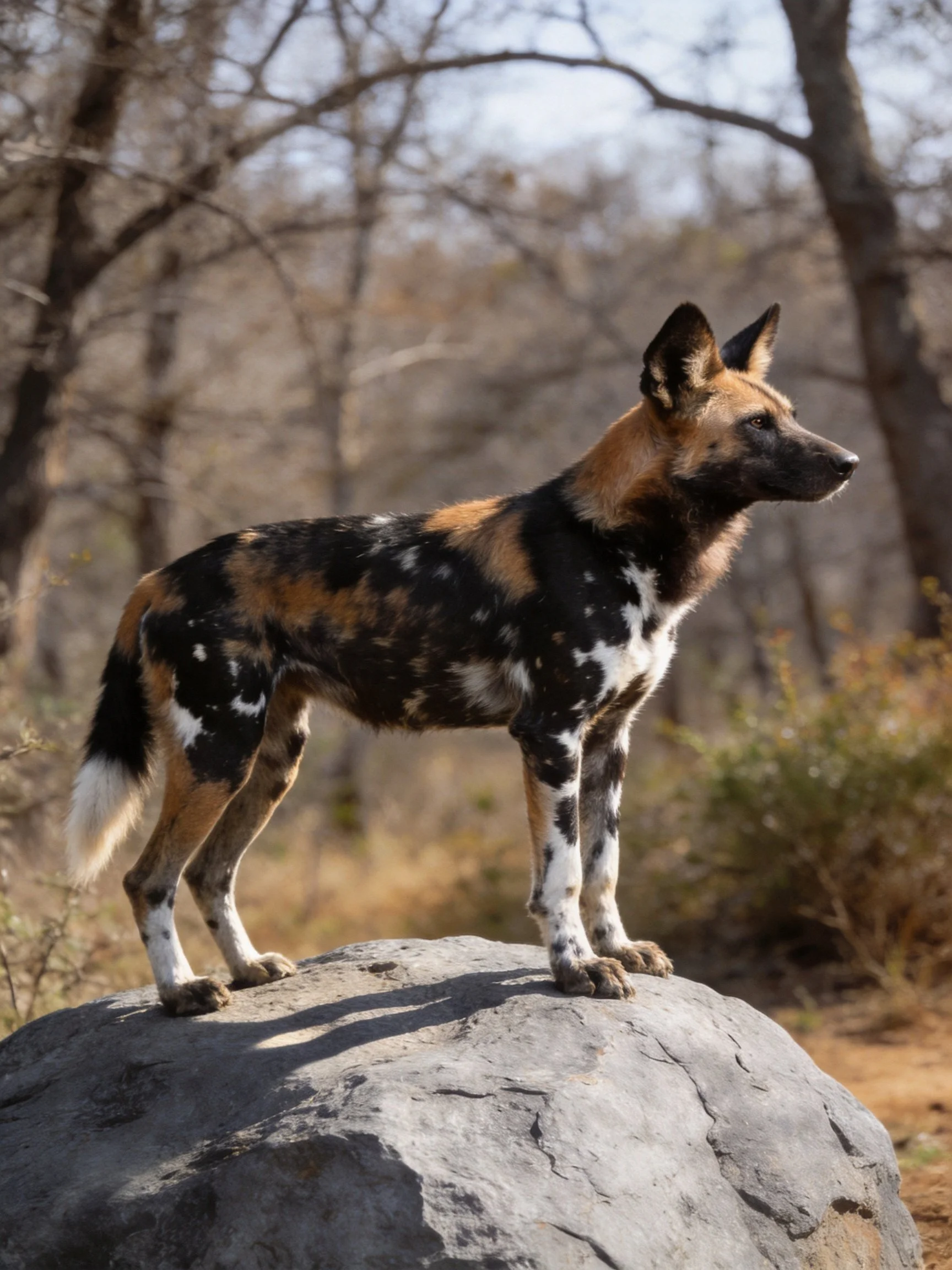 An African wild dog stands alert on a large rock amid dry woodland