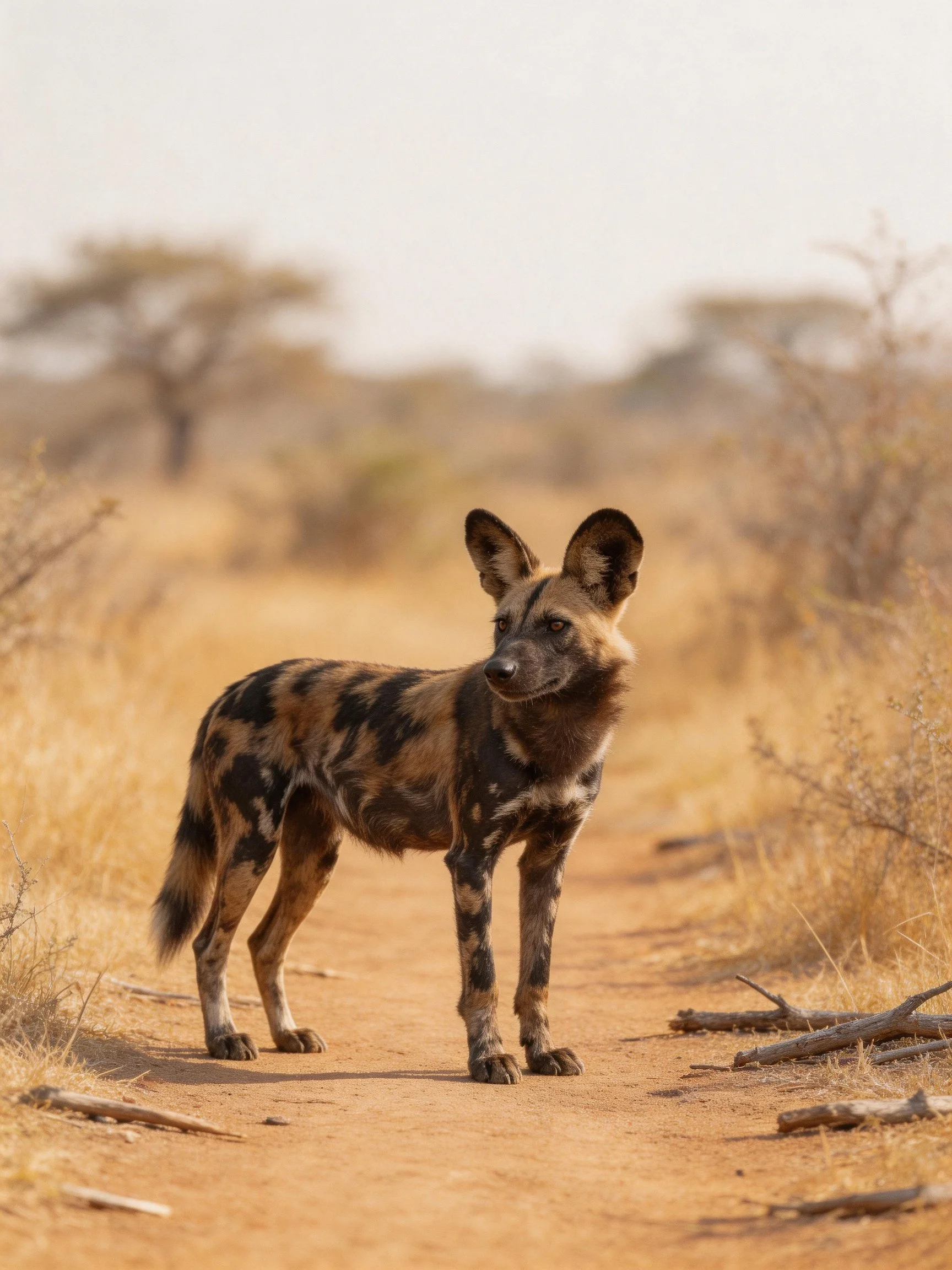 An African wild dog stands on a dusty savannah path