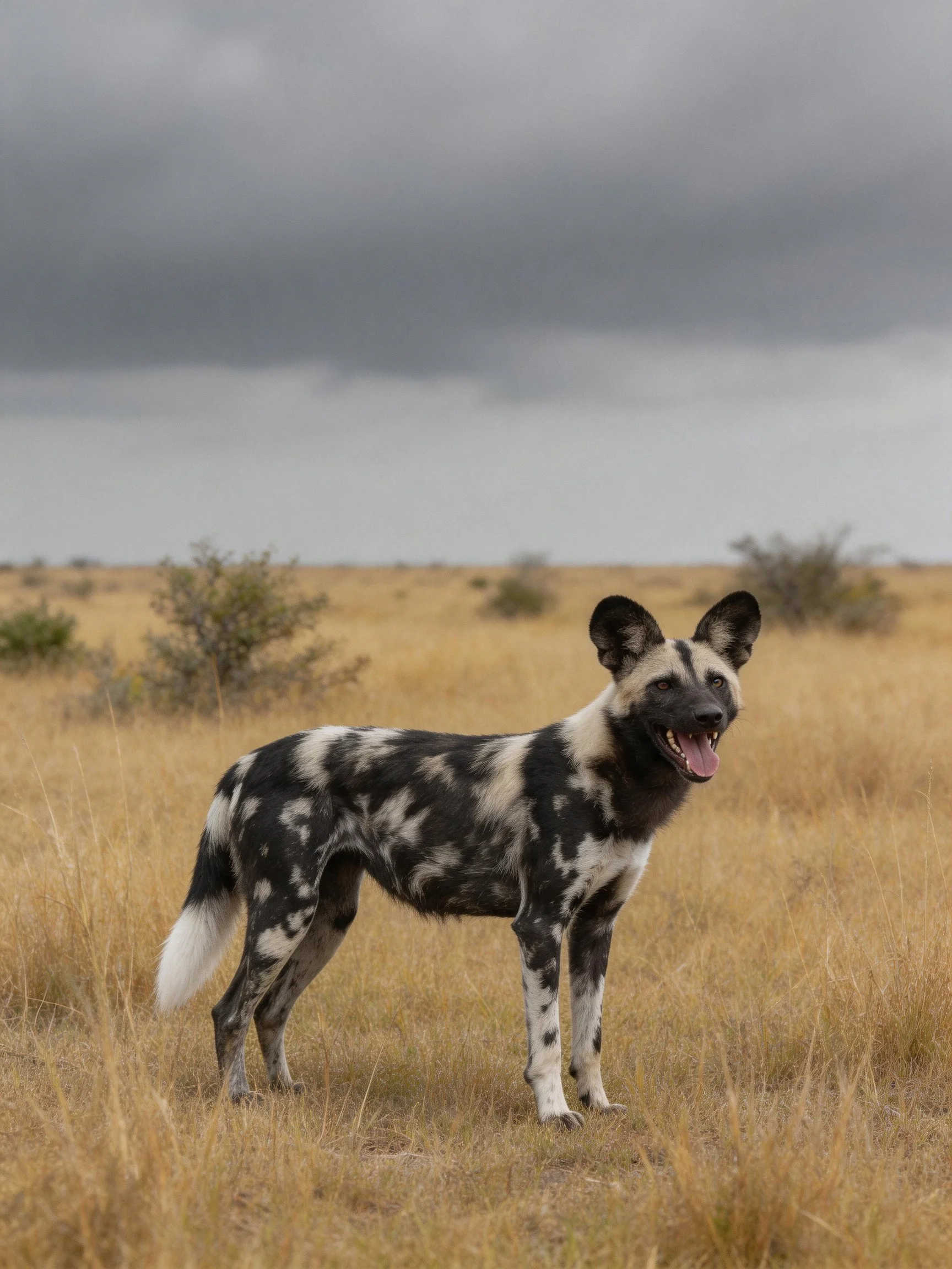 An African wild dog stands in savannah landscape near scattered shrubs