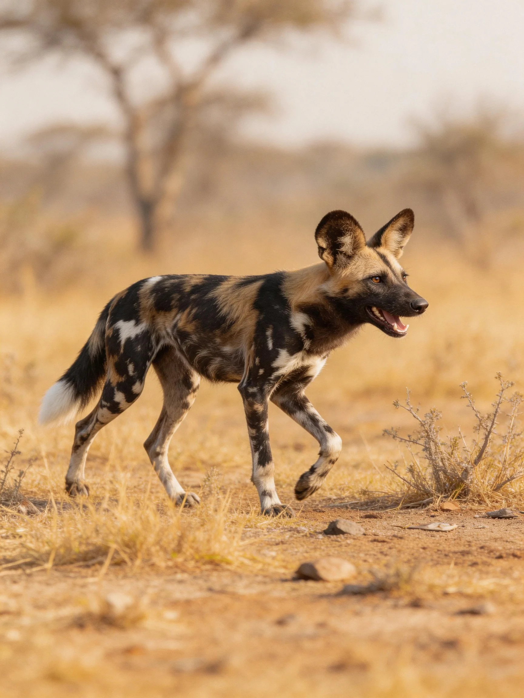 An African wild dog with unique coat patterns traverses a dry savannah landscape.