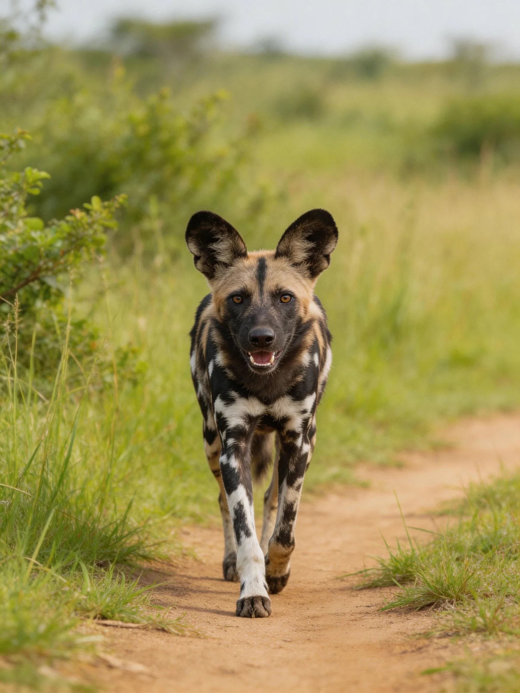 An African wild dog with black, white, and tan markings walks on a dirt path.