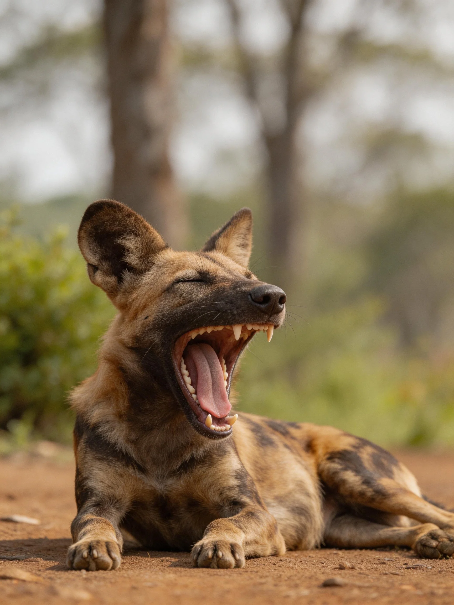 An African wild dog lies on reddish dirt, yawning with eyes closed.