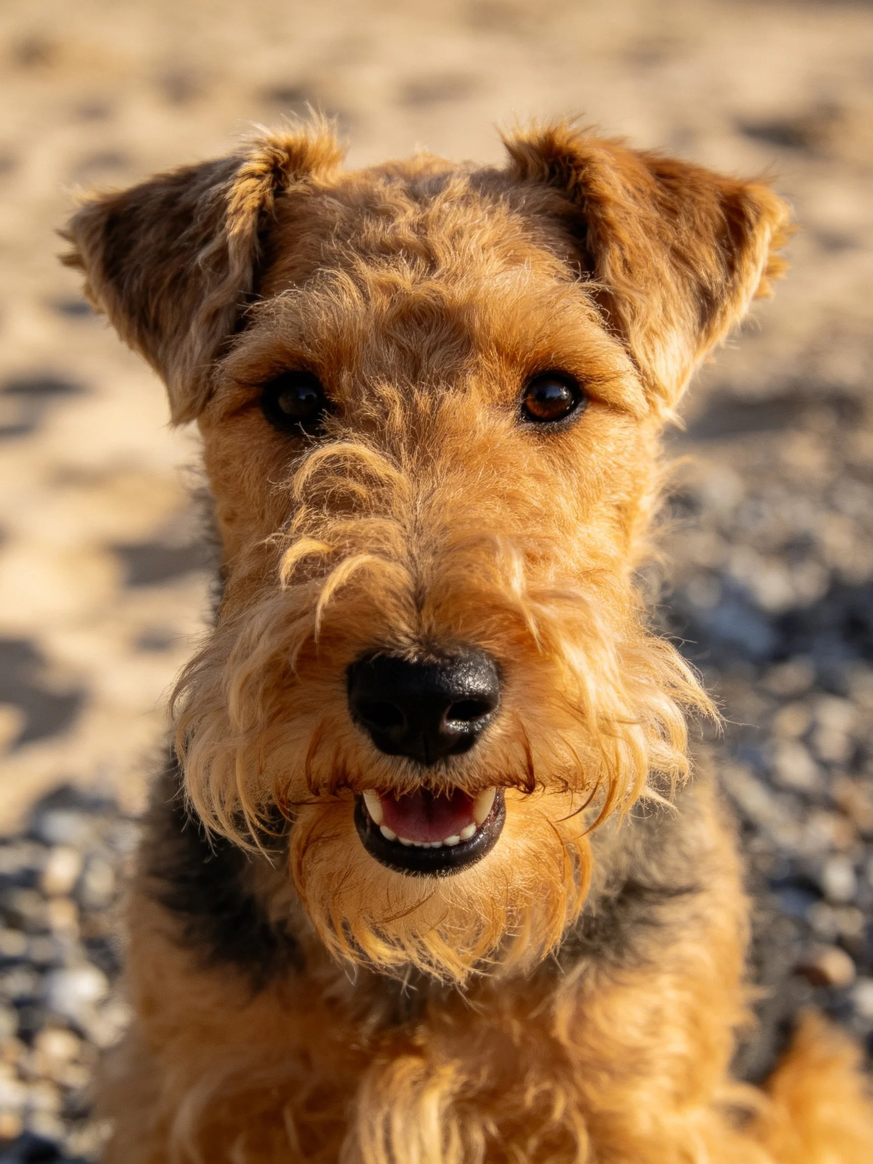 An Airedale Terrier with brown curly fur outdoors