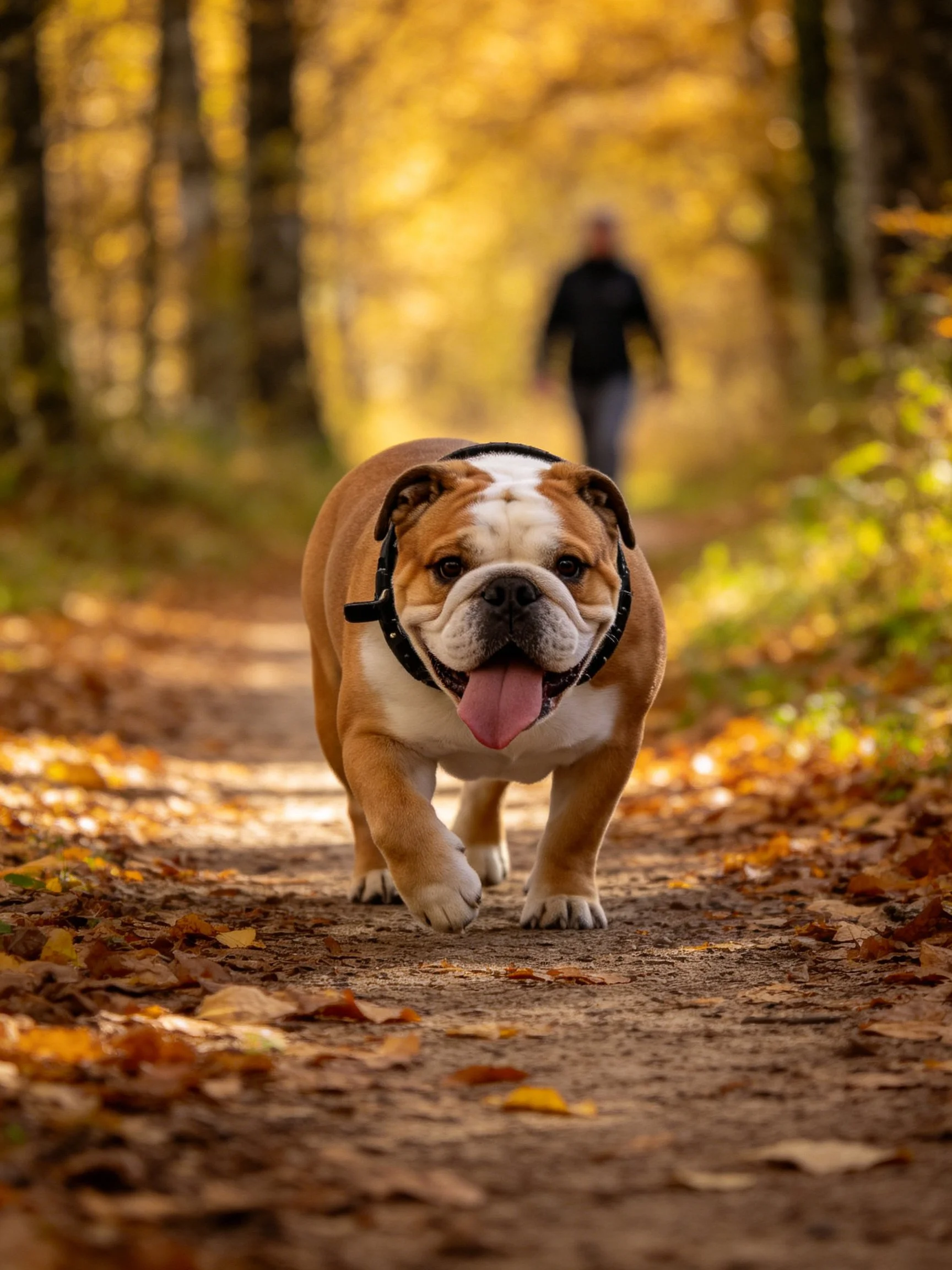 An English Bulldog walking on a leaf-strewn forest path in golden autumn light