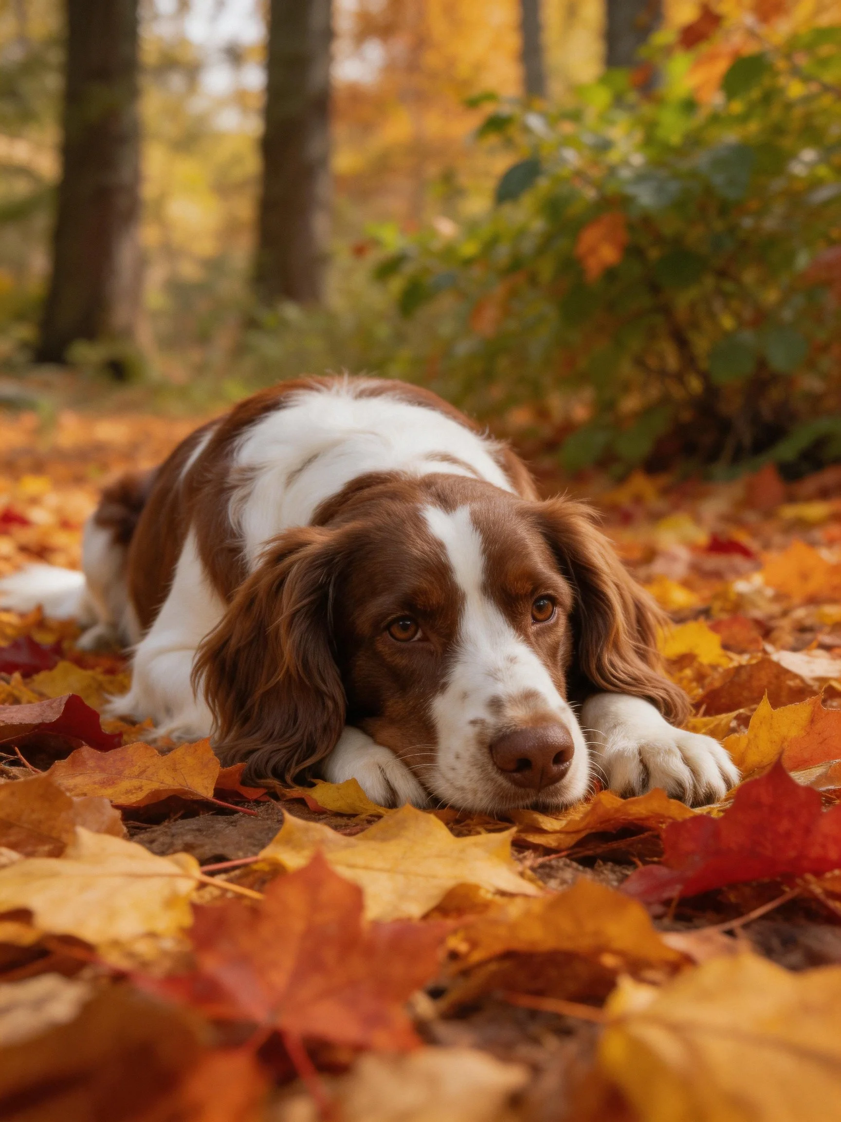 An English Springer Spaniel lies among autumn leaves in a forest