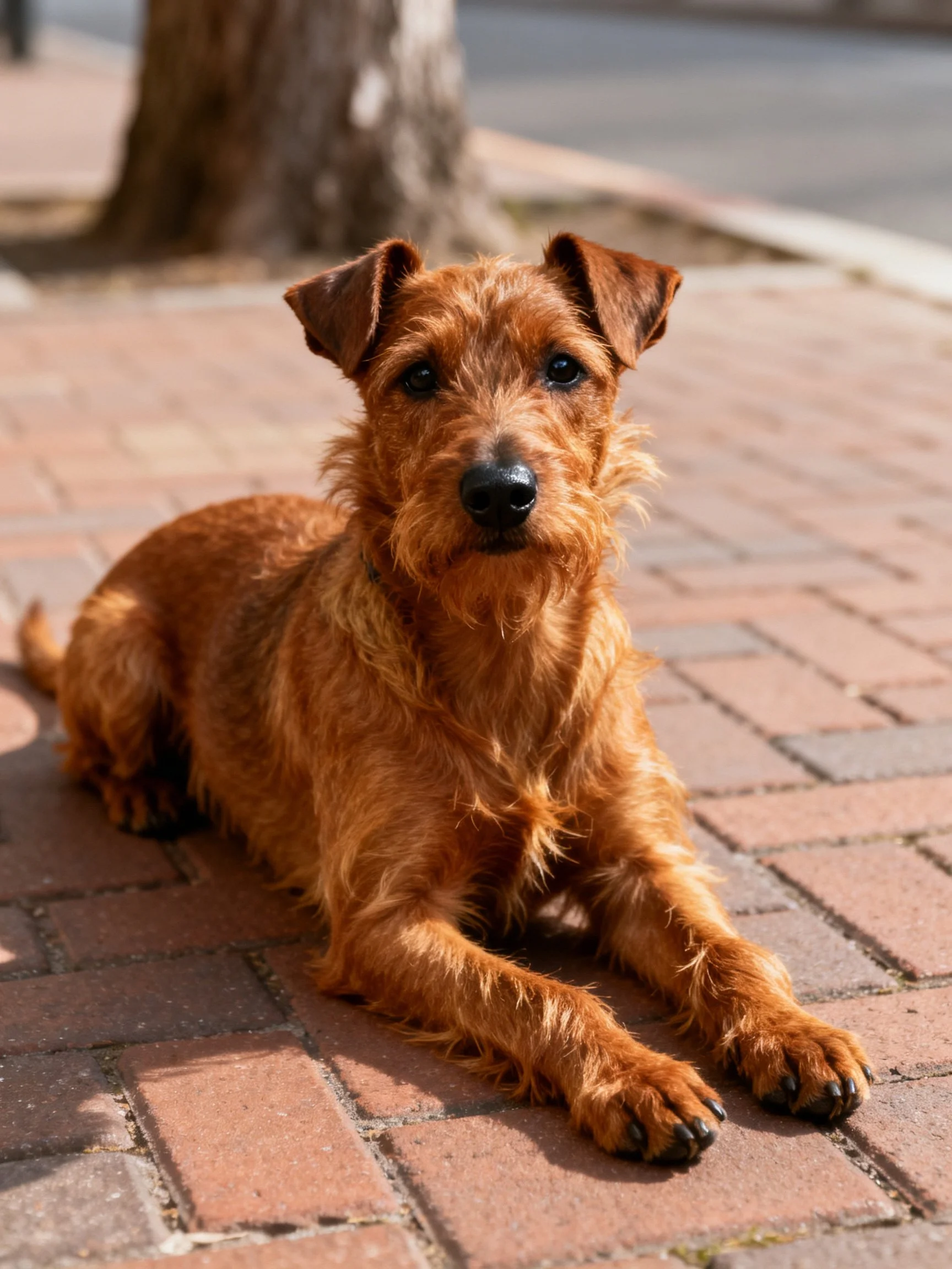 An Irish Terrier with reddish-brown fur lies on brick pavement