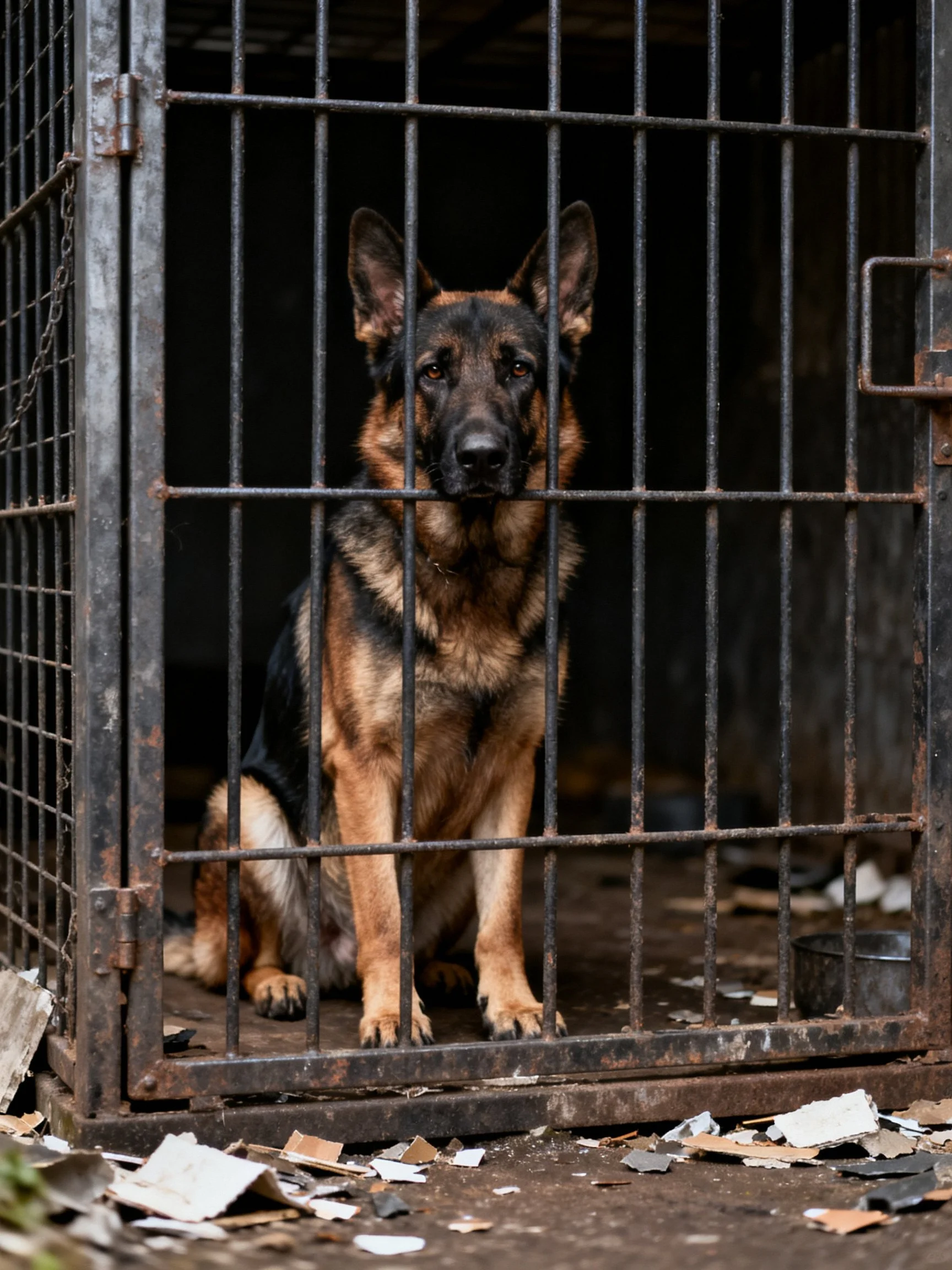 An adult German Shepherd dog sitting inside a rusted metal cage