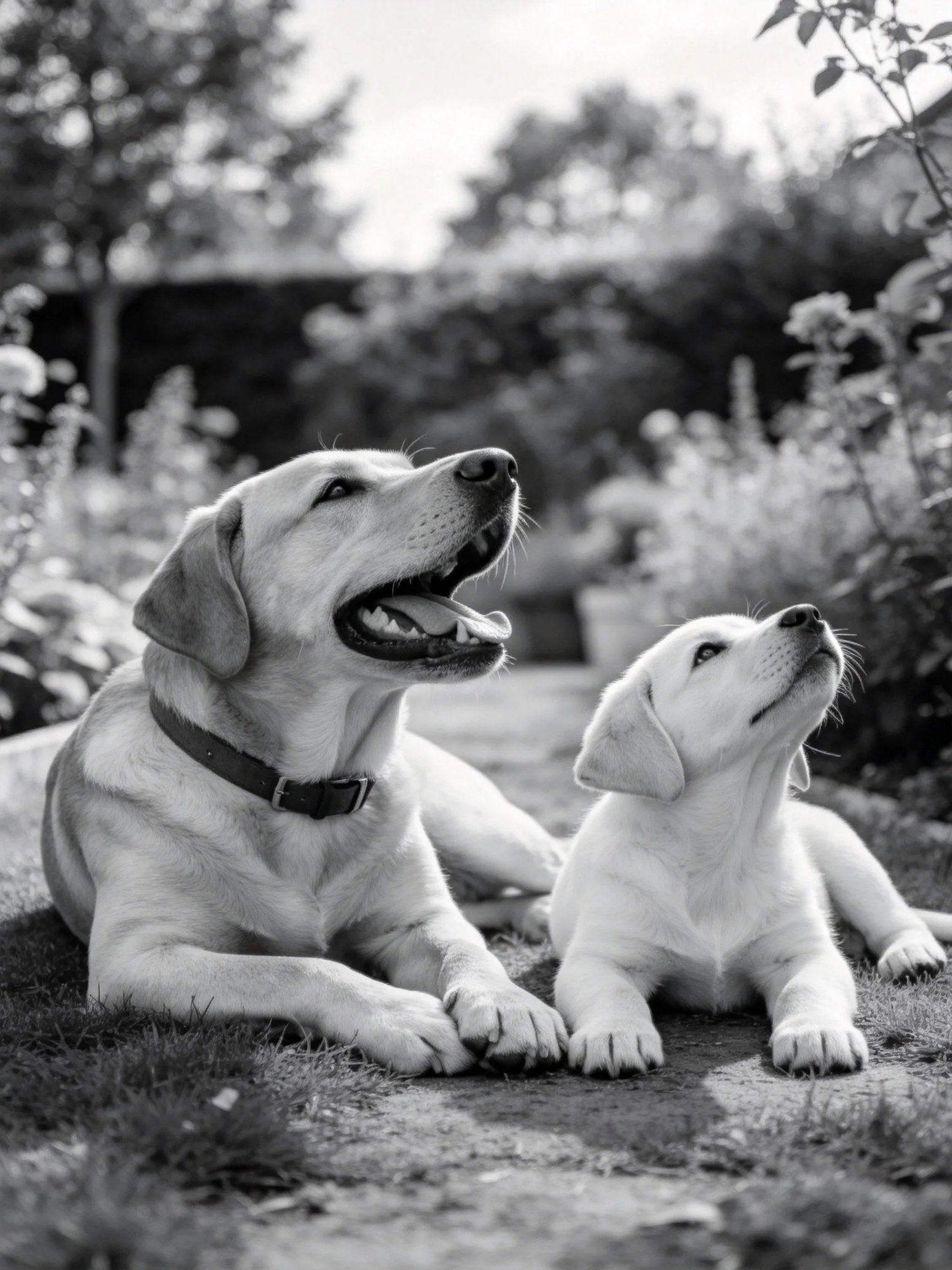 An adult and puppy Labrador resting in a garden setting