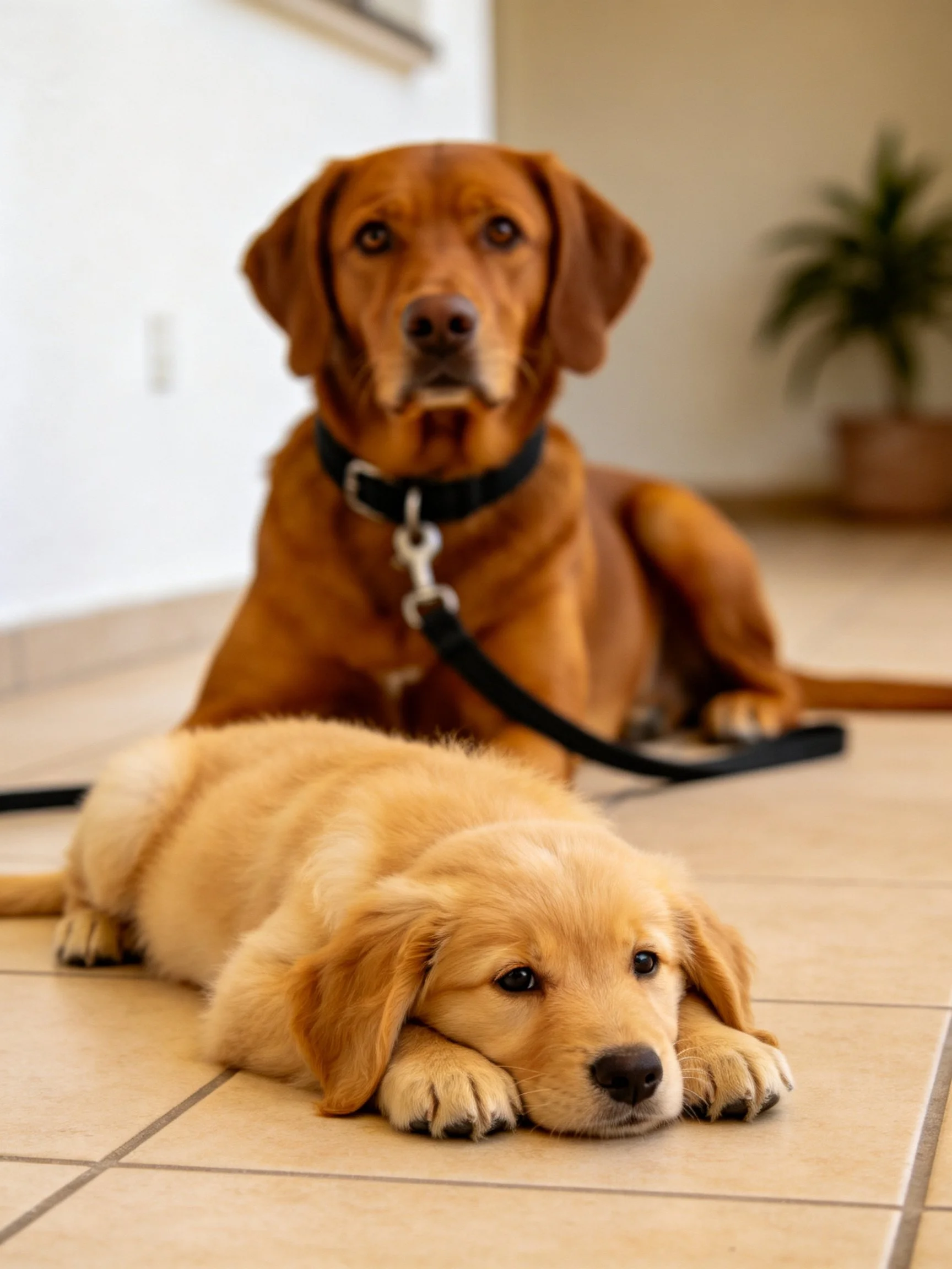Two dogs—an adult brown and a golden puppy—rest together indoors