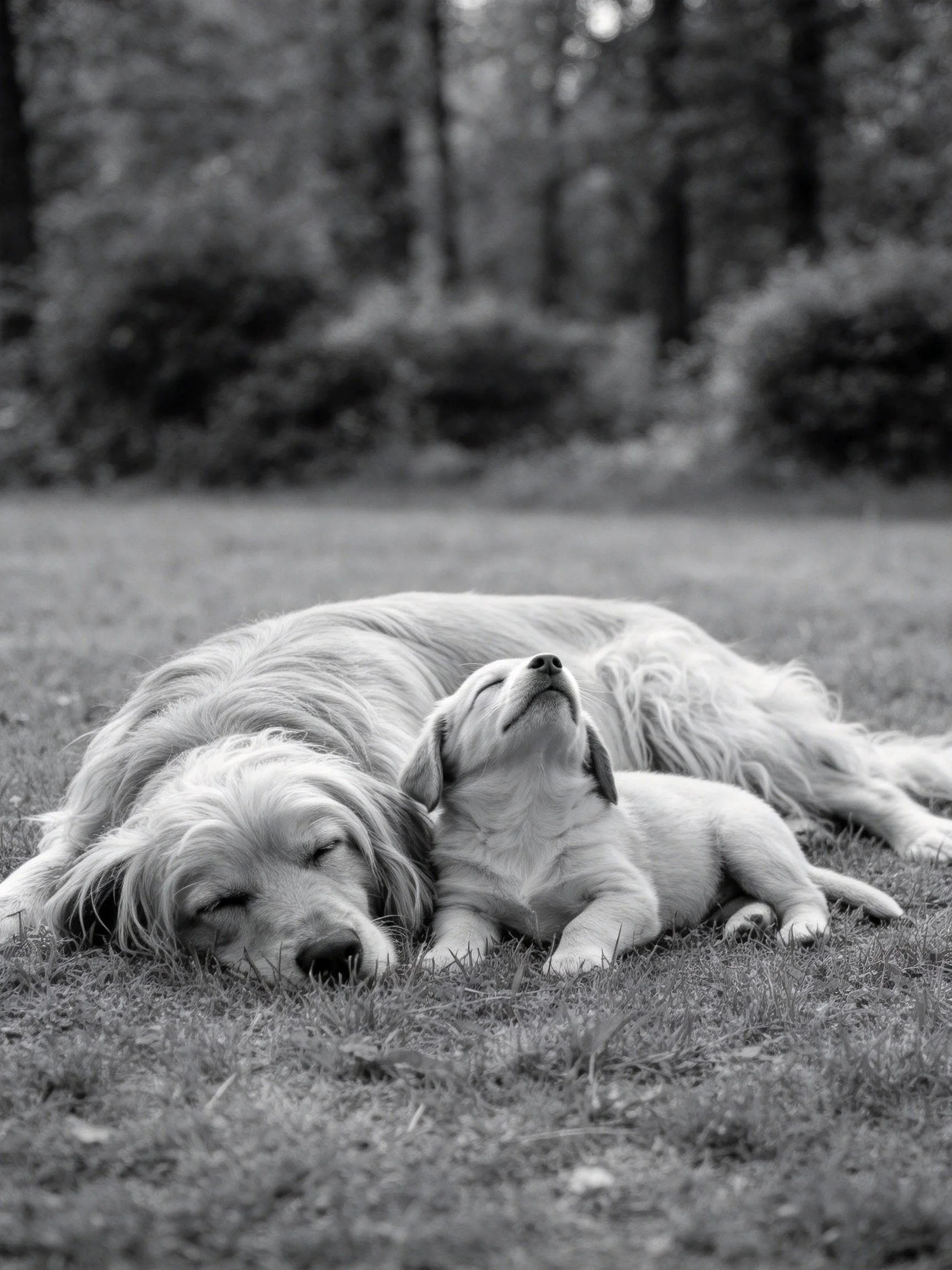 An adult golden retriever and puppy rest on grass in a black and white outdoor setting