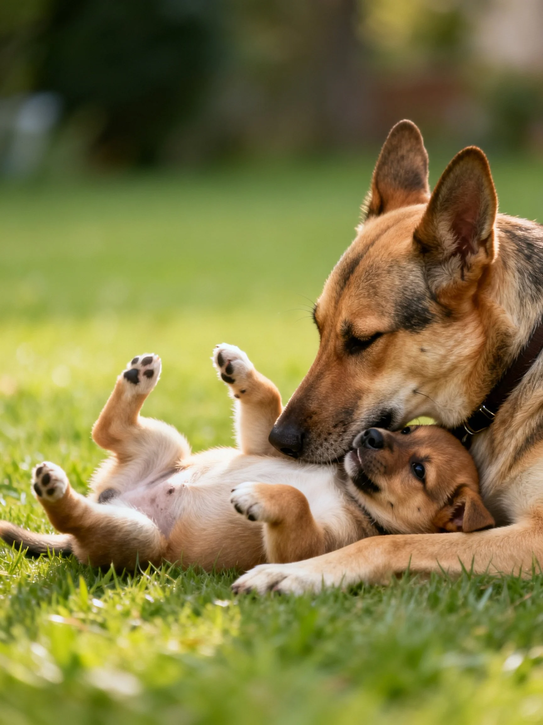 An adult tan dog and puppy play together on lush green grass