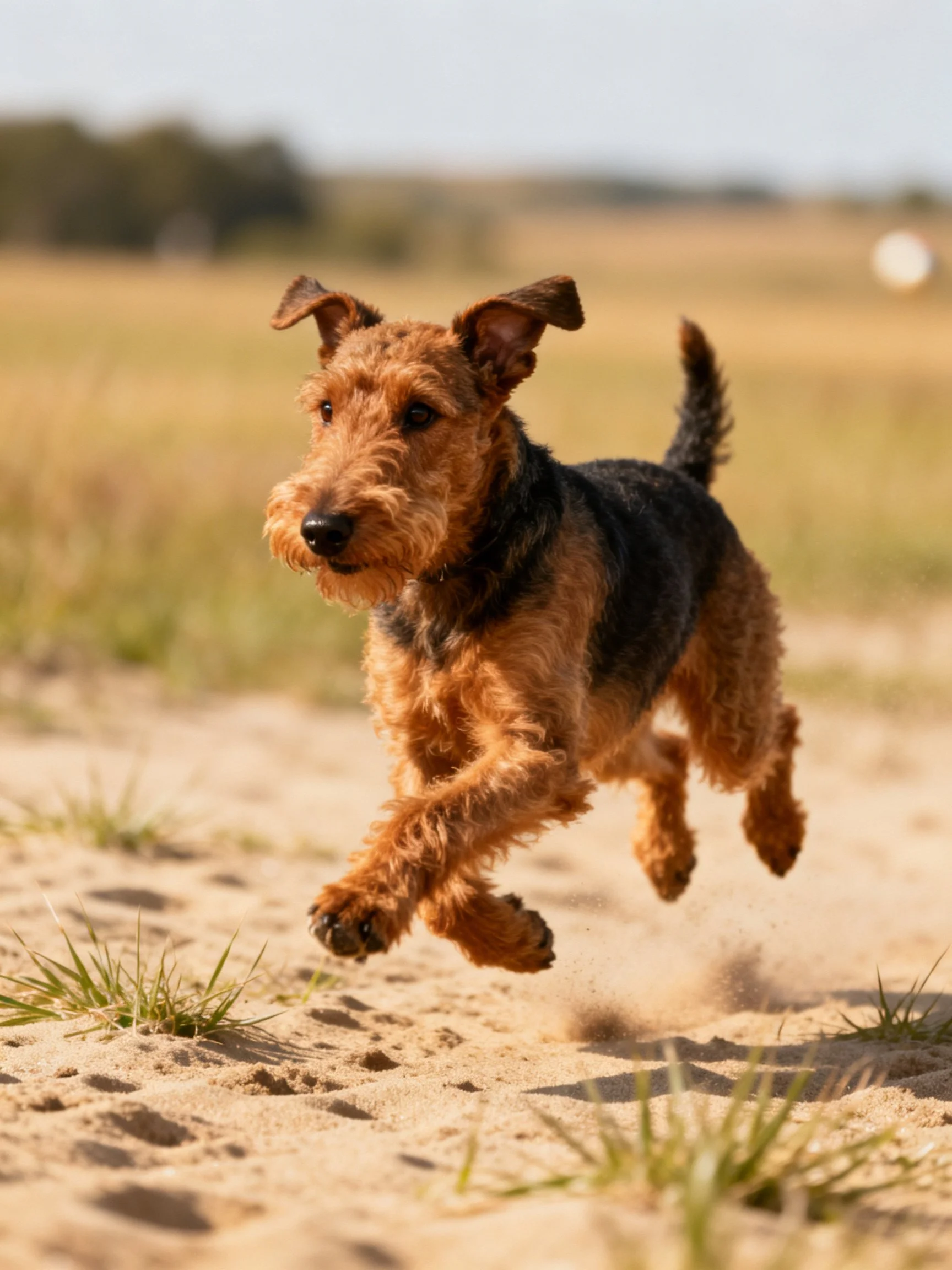 An airedale terrier runs energetically on sandy terrain