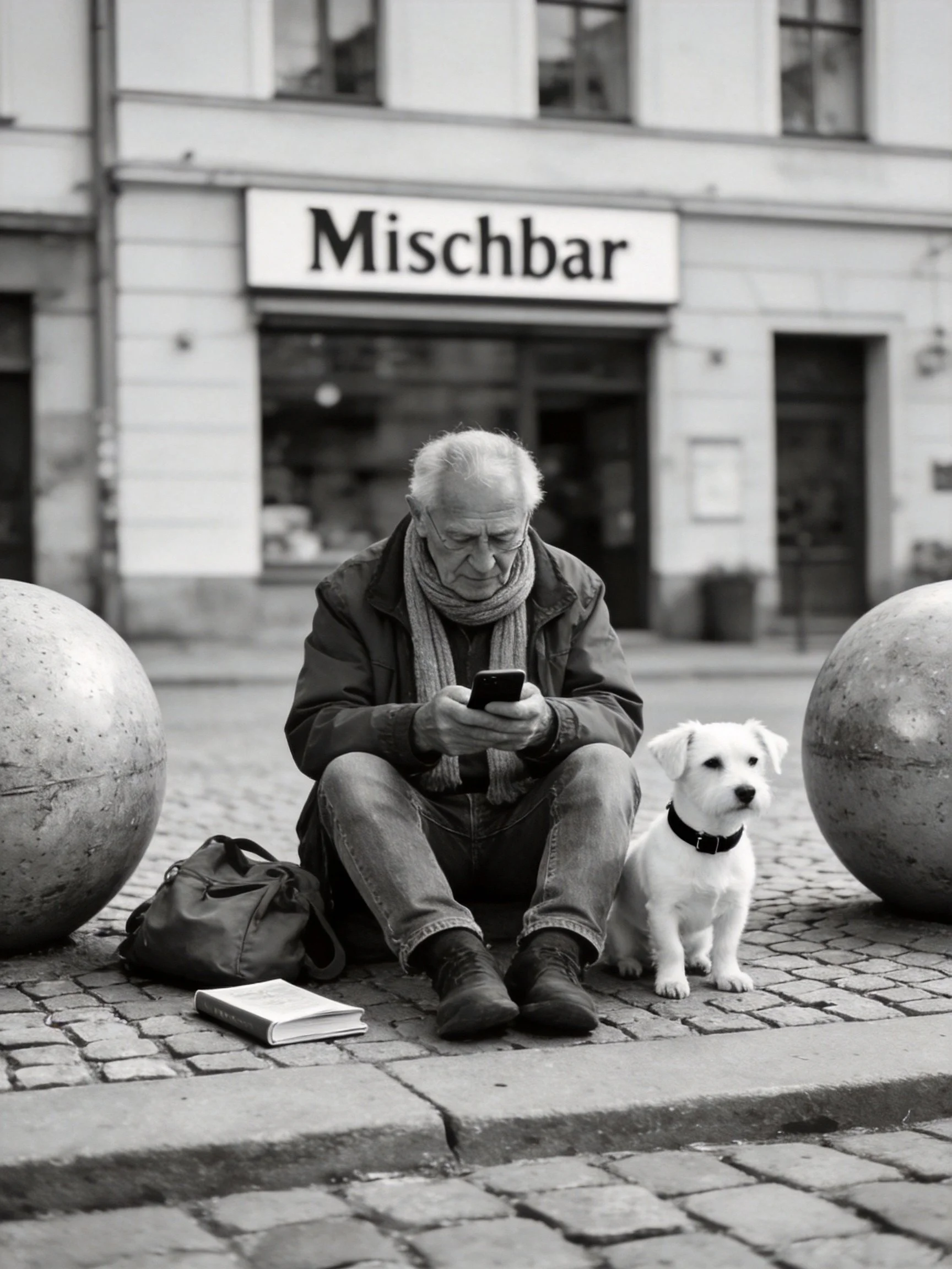 An elderly man checks his phone while sitting with his dog near large spheres outside the Mischbar store.
