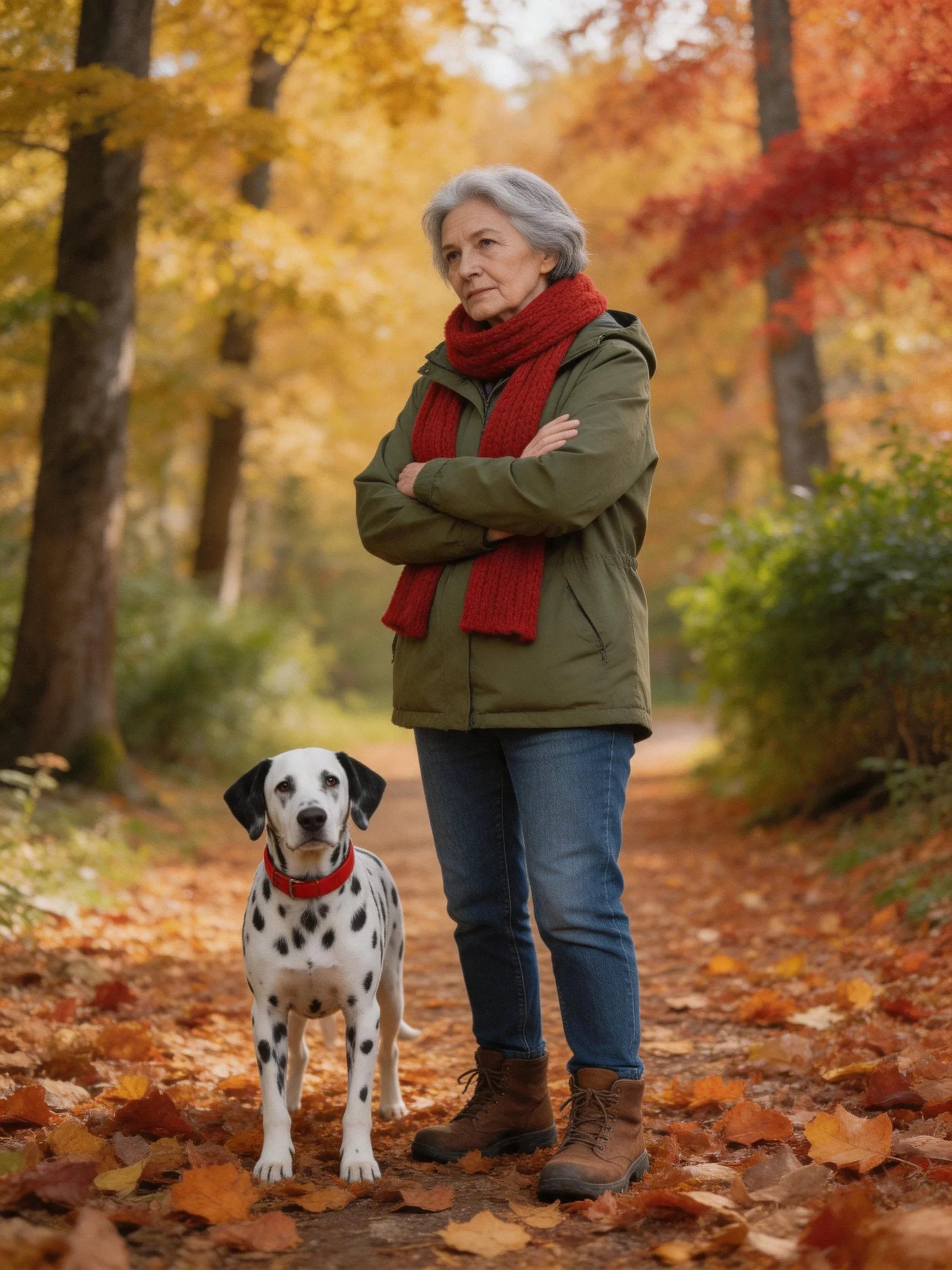 An elderly woman stands next to her Dalmatian dog in a forest with fall leaves