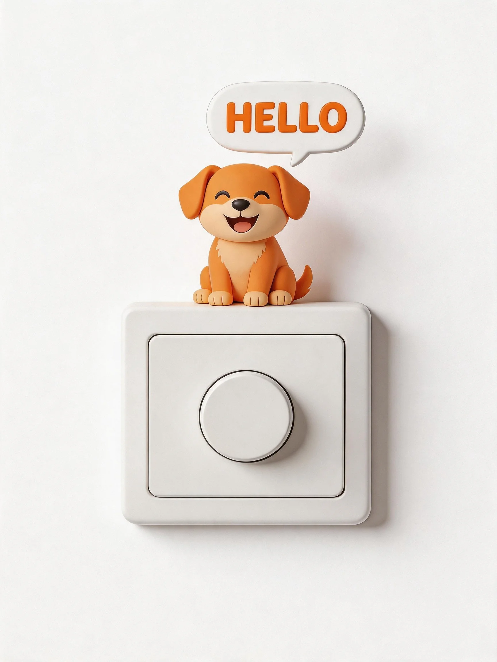 A cheerful orange cartoon dog figurine sits on a white switch plate with a HELLO speech bubble.