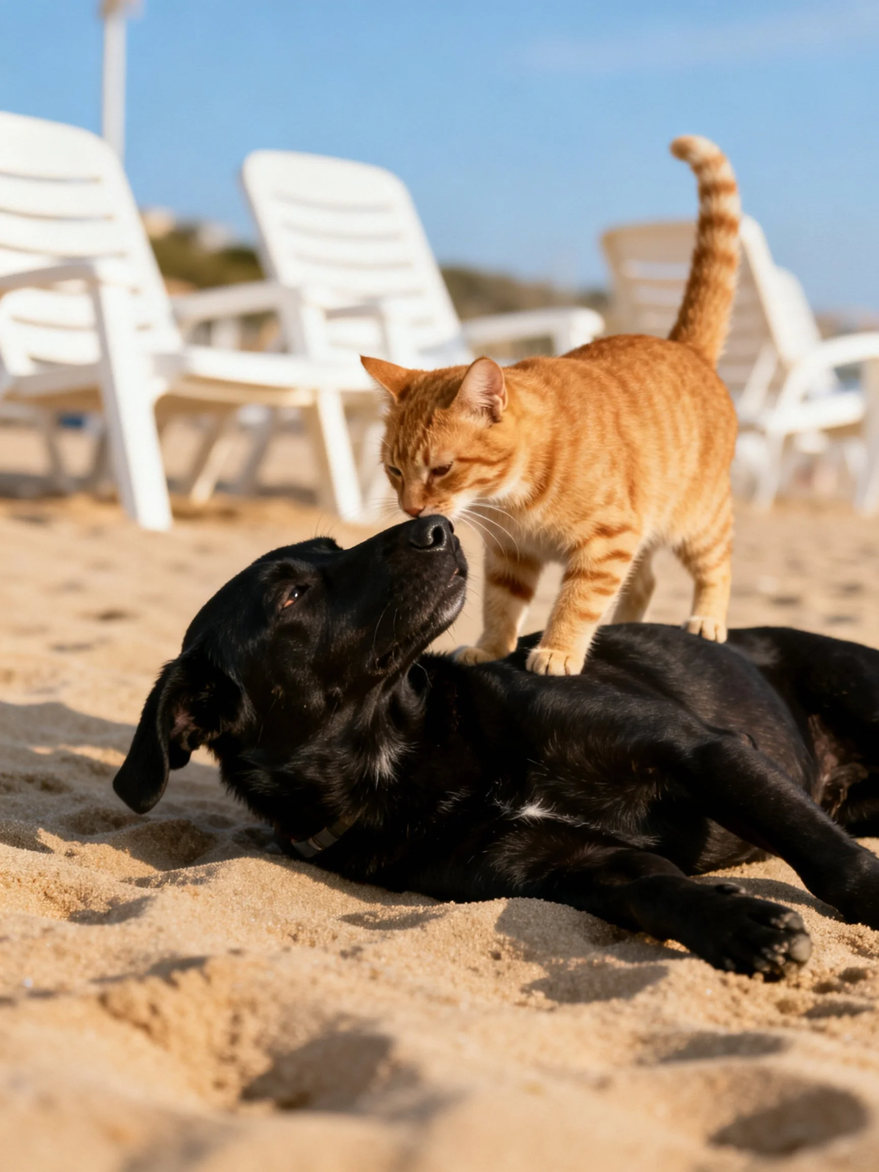 An orange tabby cat interacts with a black dog on sandy beach near white lounge chairs