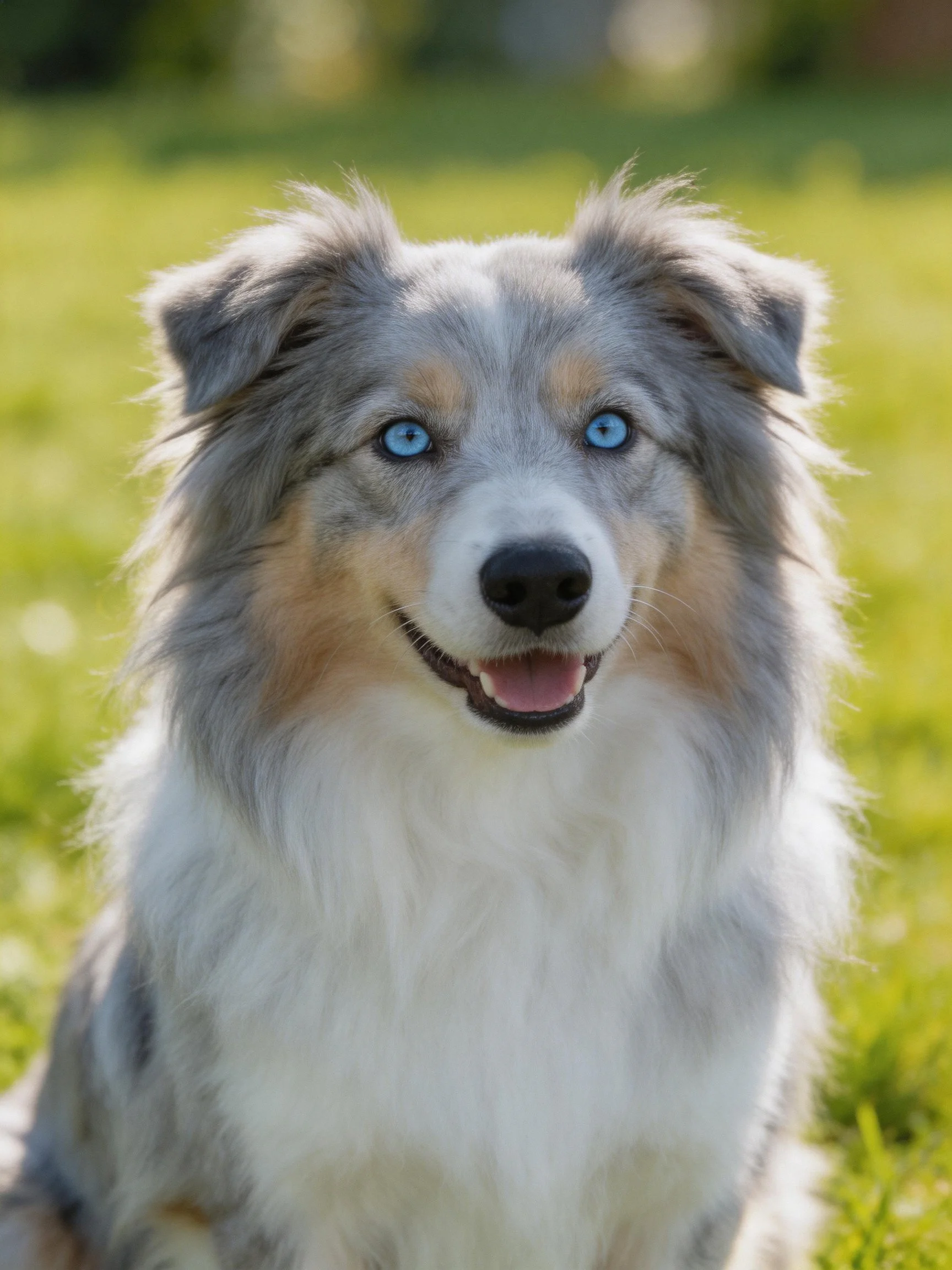 Australian Shepherd with blue eyes and gray-white fur on grass