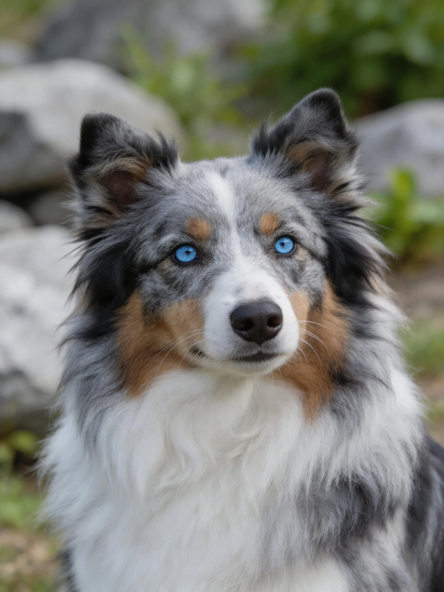 Australian Shepherd with blue eyes and gray, white, tan fur