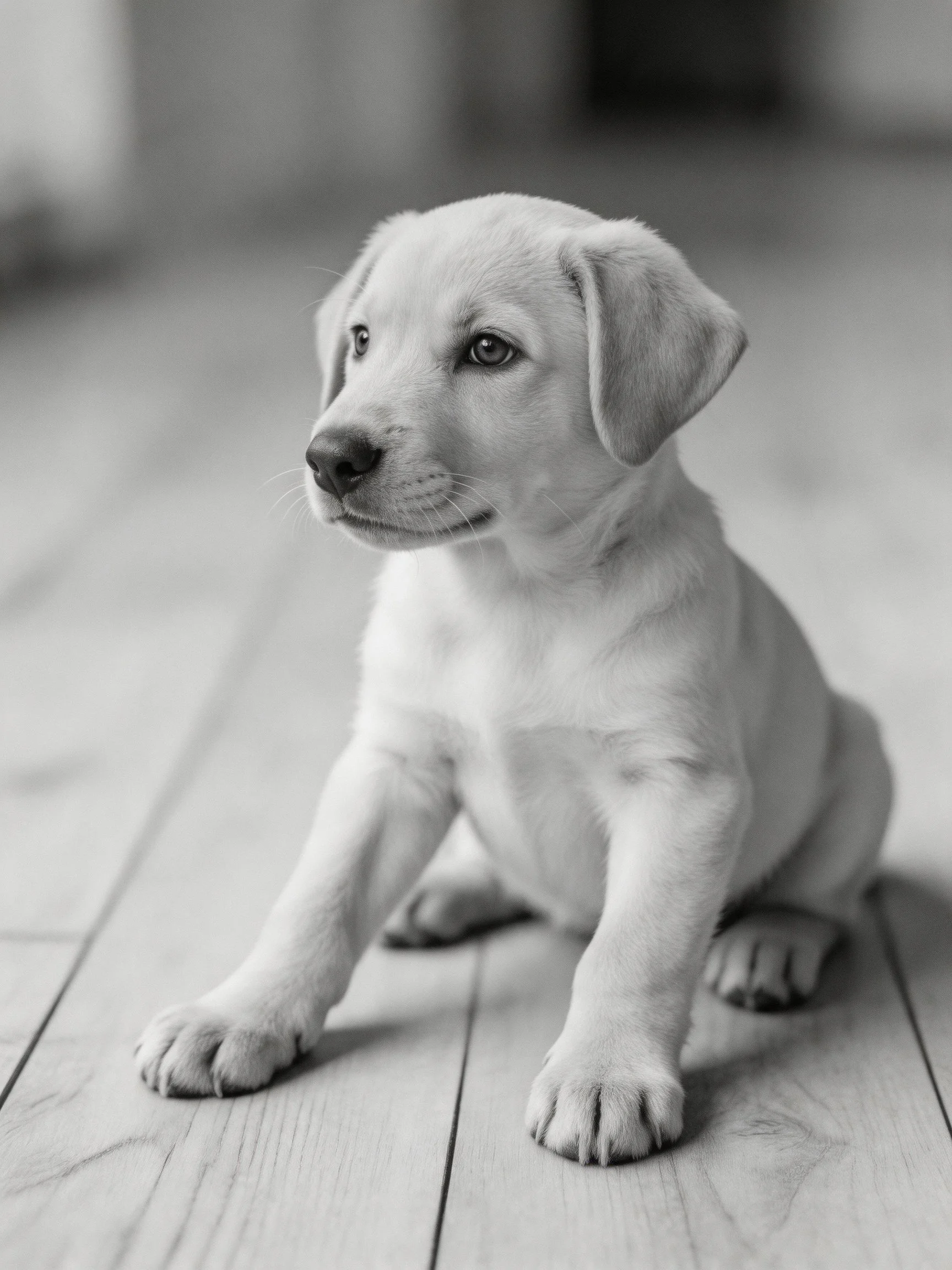 A young dog puppy sits calmly on wooden flooring in a monochrome setting.