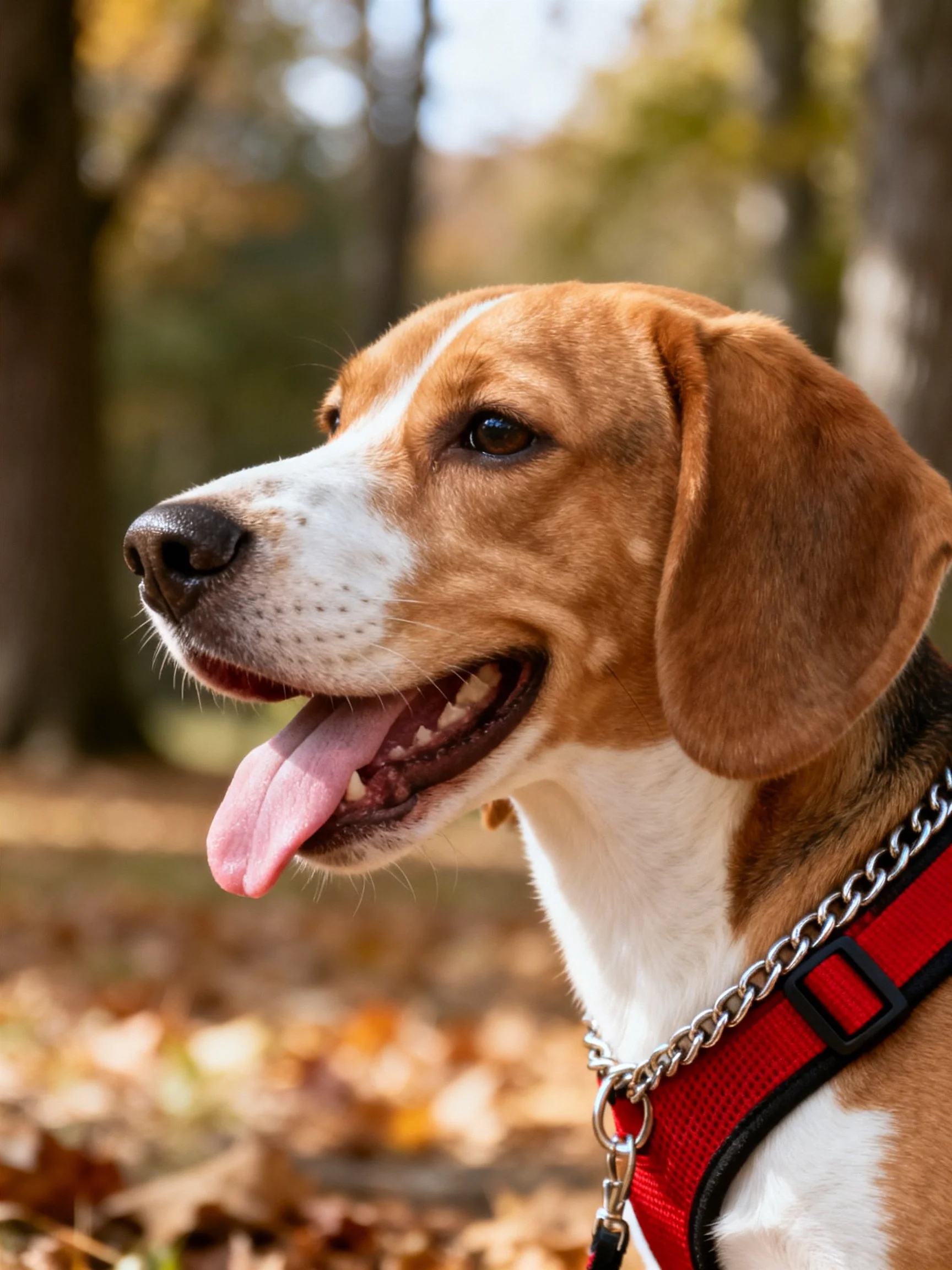 A beagle dog in a red harness enjoys the autumn forest scenery.