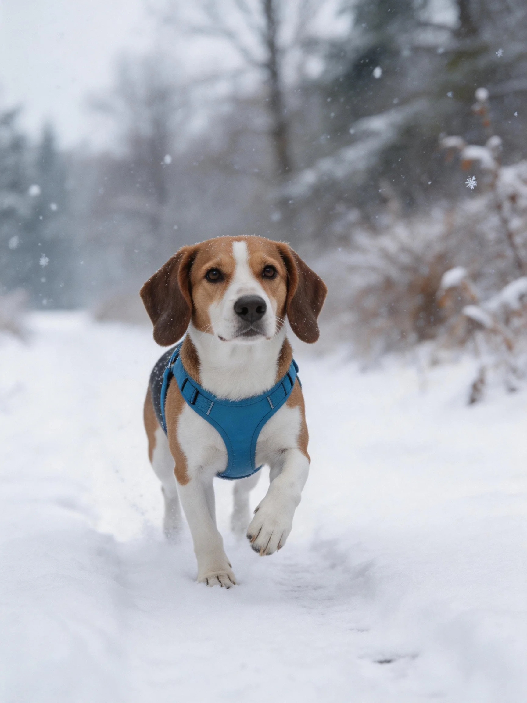 A beagle dog runs through snow while wearing a blue harness.