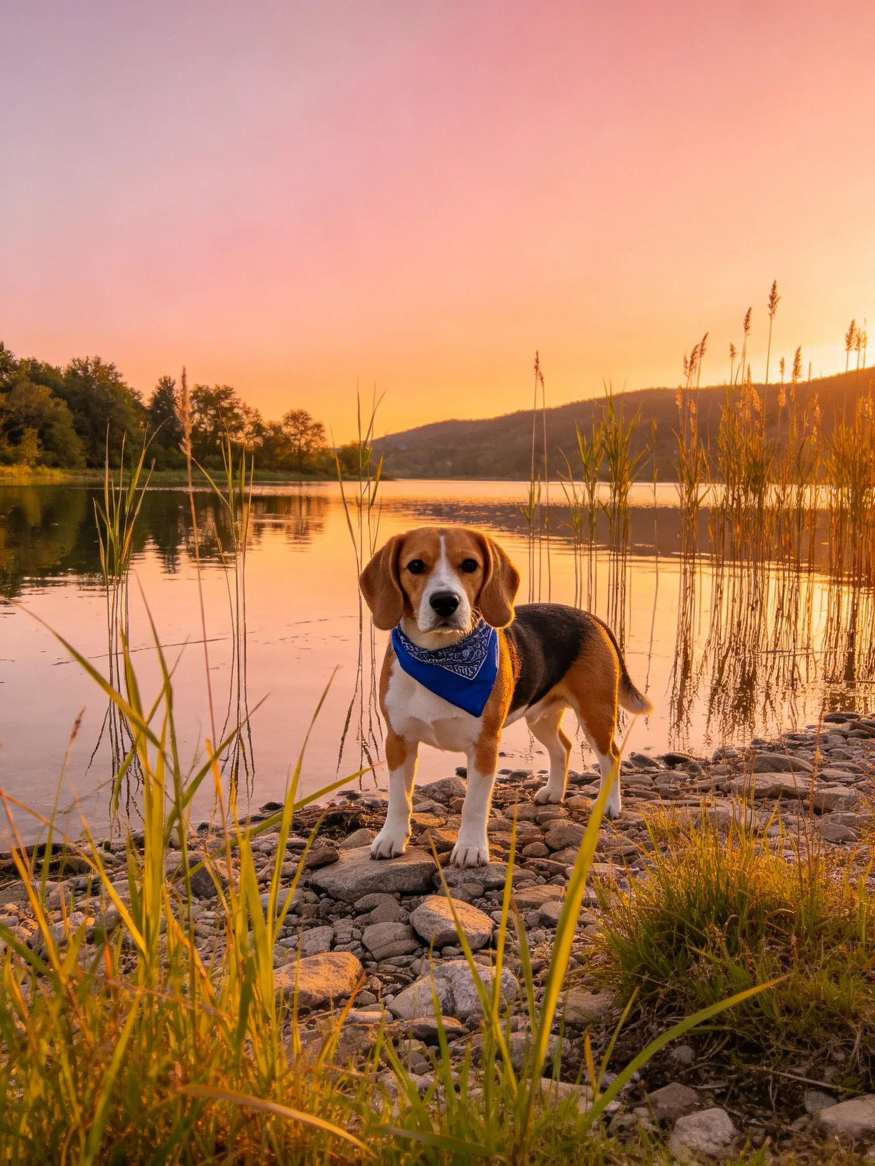 A beagle with a blue bandana stands on a rocky lakeshore near a calm lake during sunset.