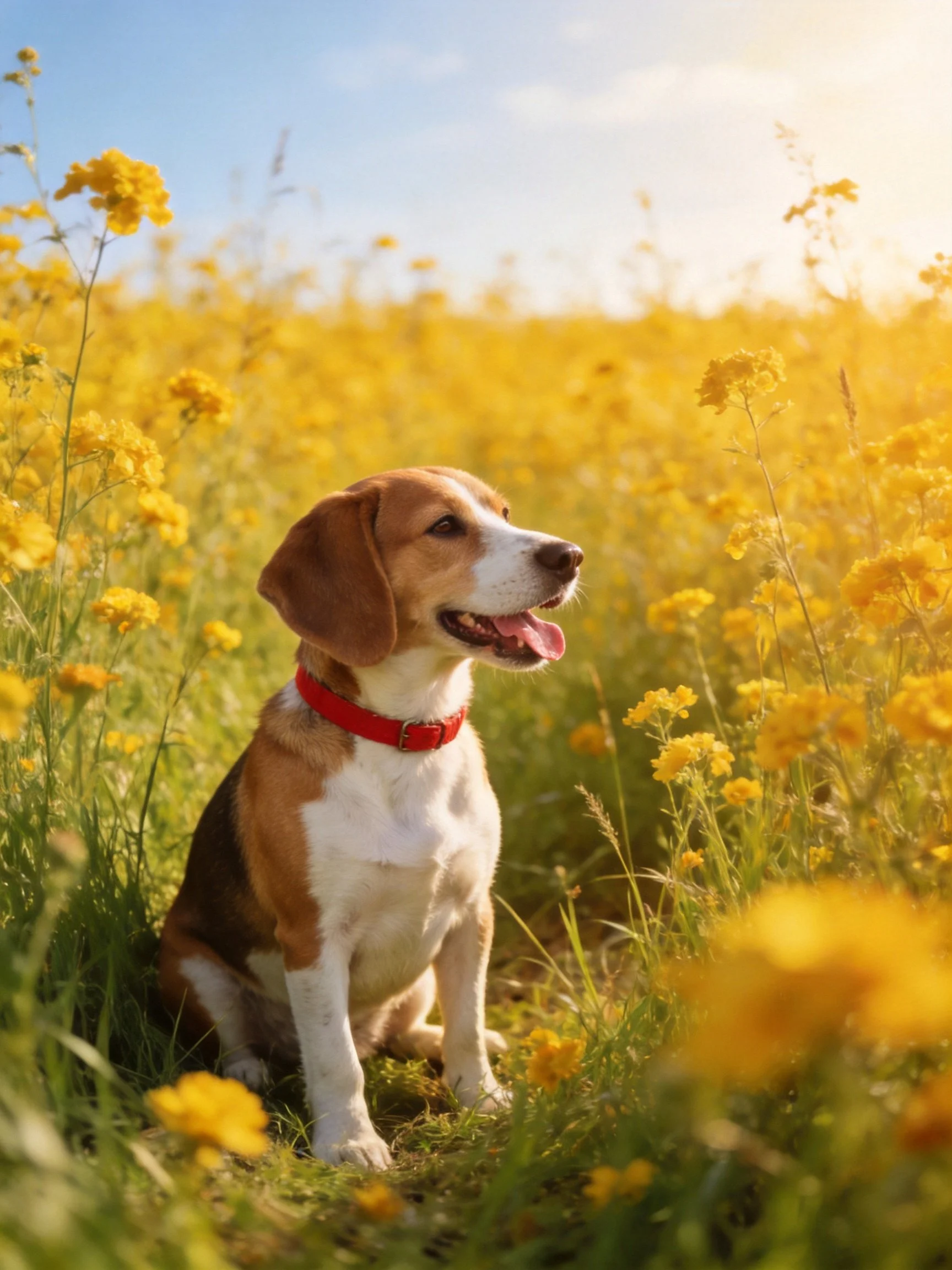 A beagle with a red collar relaxes in a sunlit field of yellow flowers.