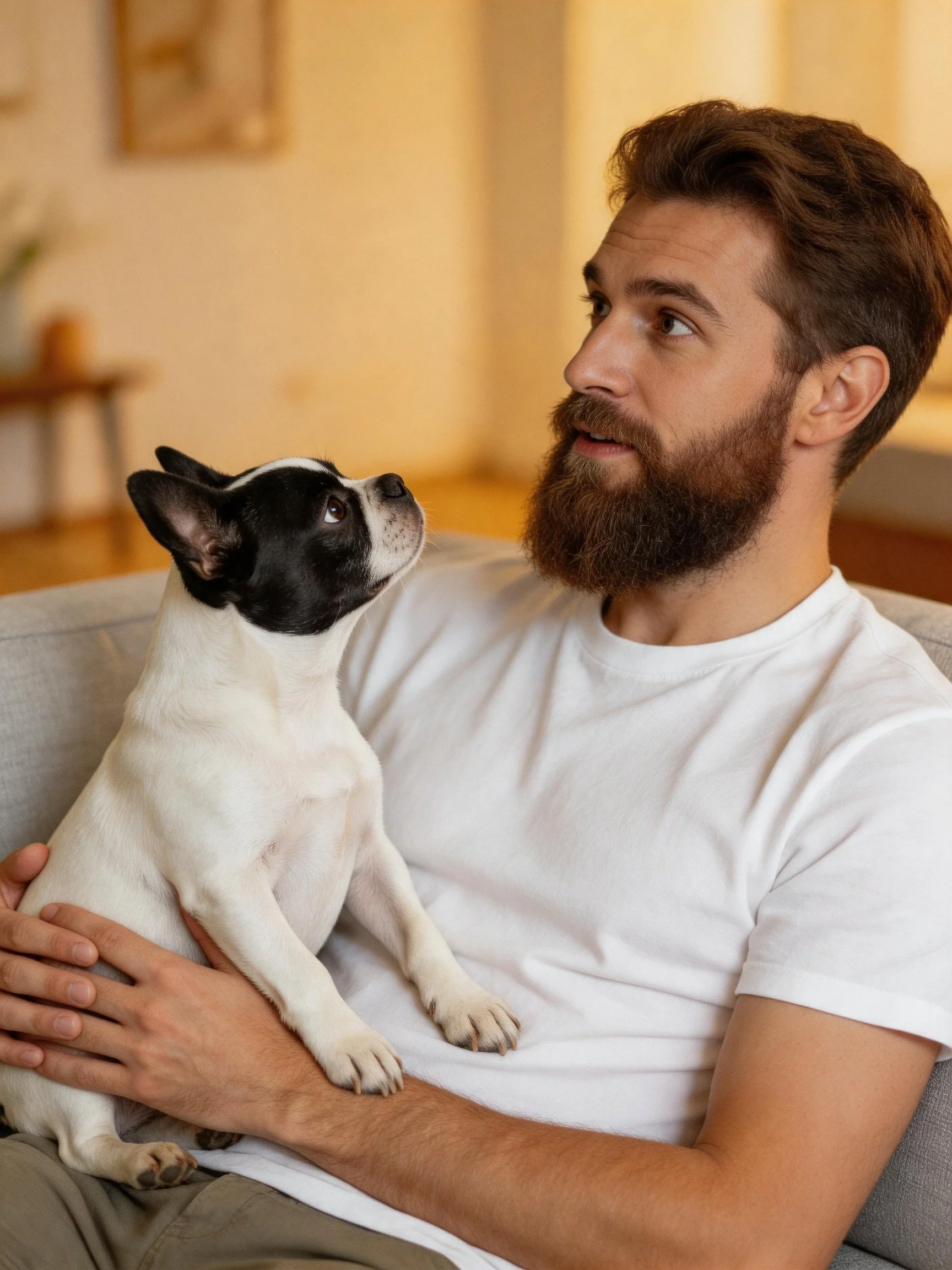 Bearded man in white shirt holds black - white dog on couch