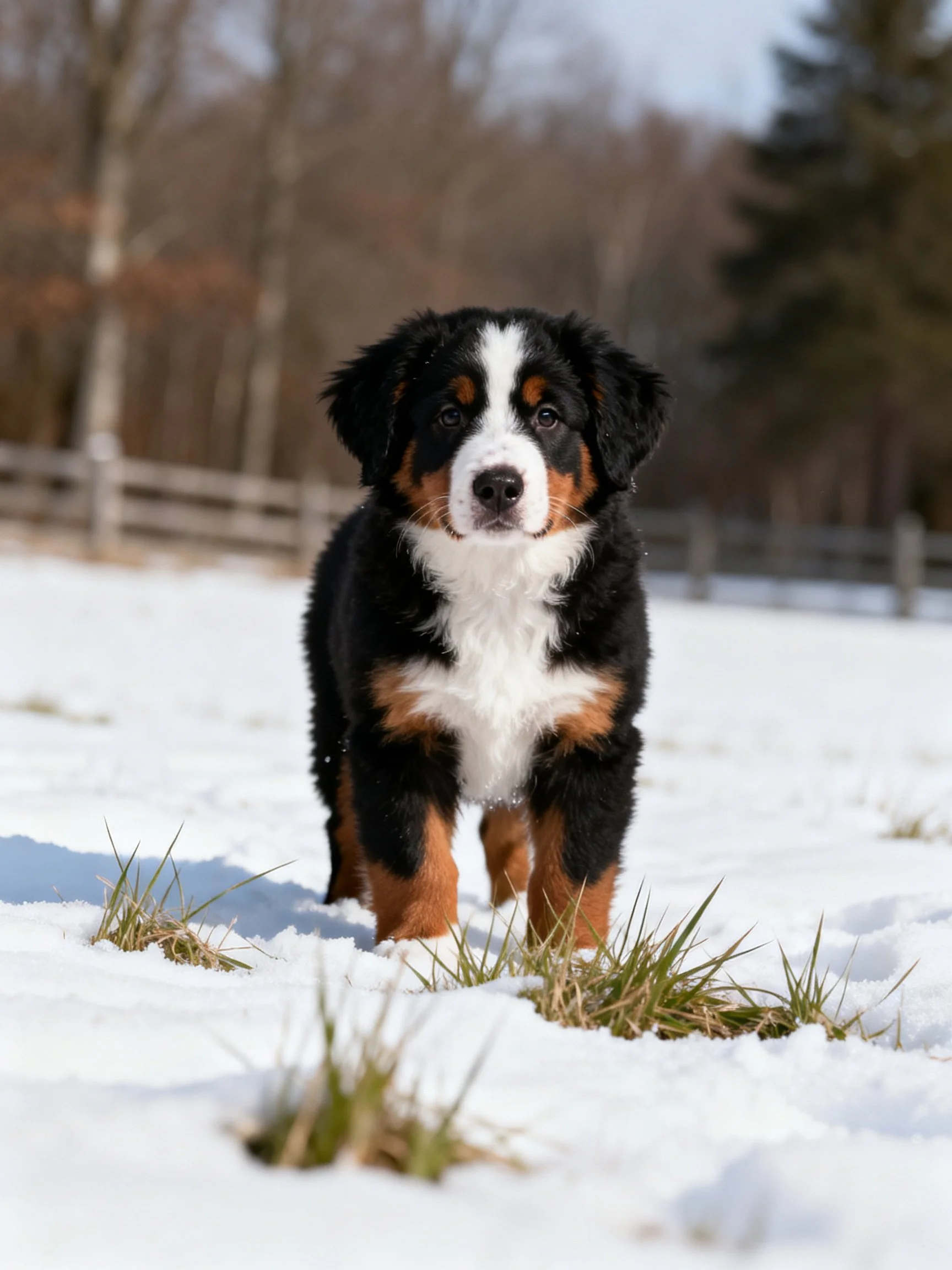 Bernese Mountain Dog puppy with tri-color fur in snowy field