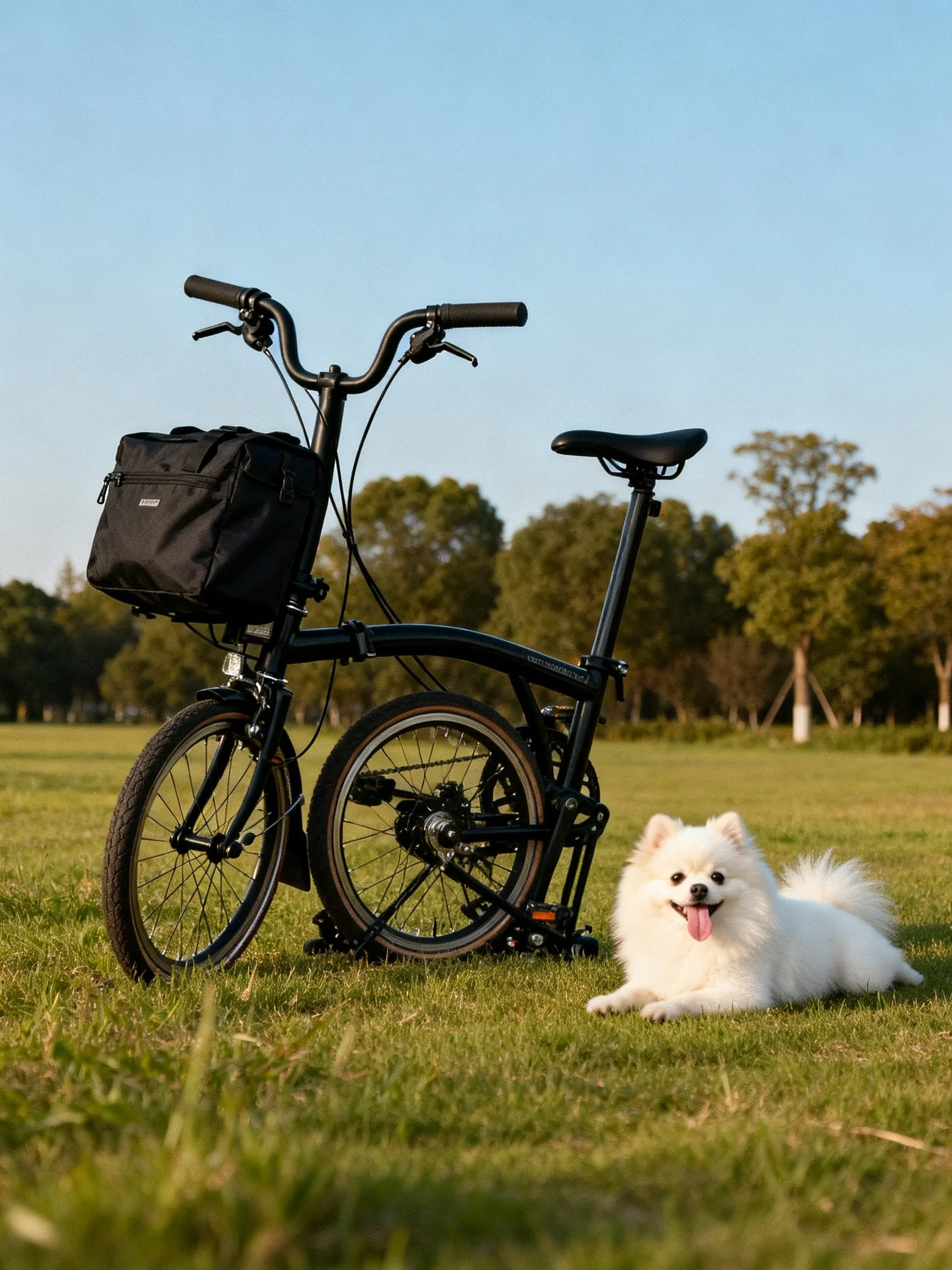 A black folding bicycle sits next to a relaxed white dog in an open grassy area.