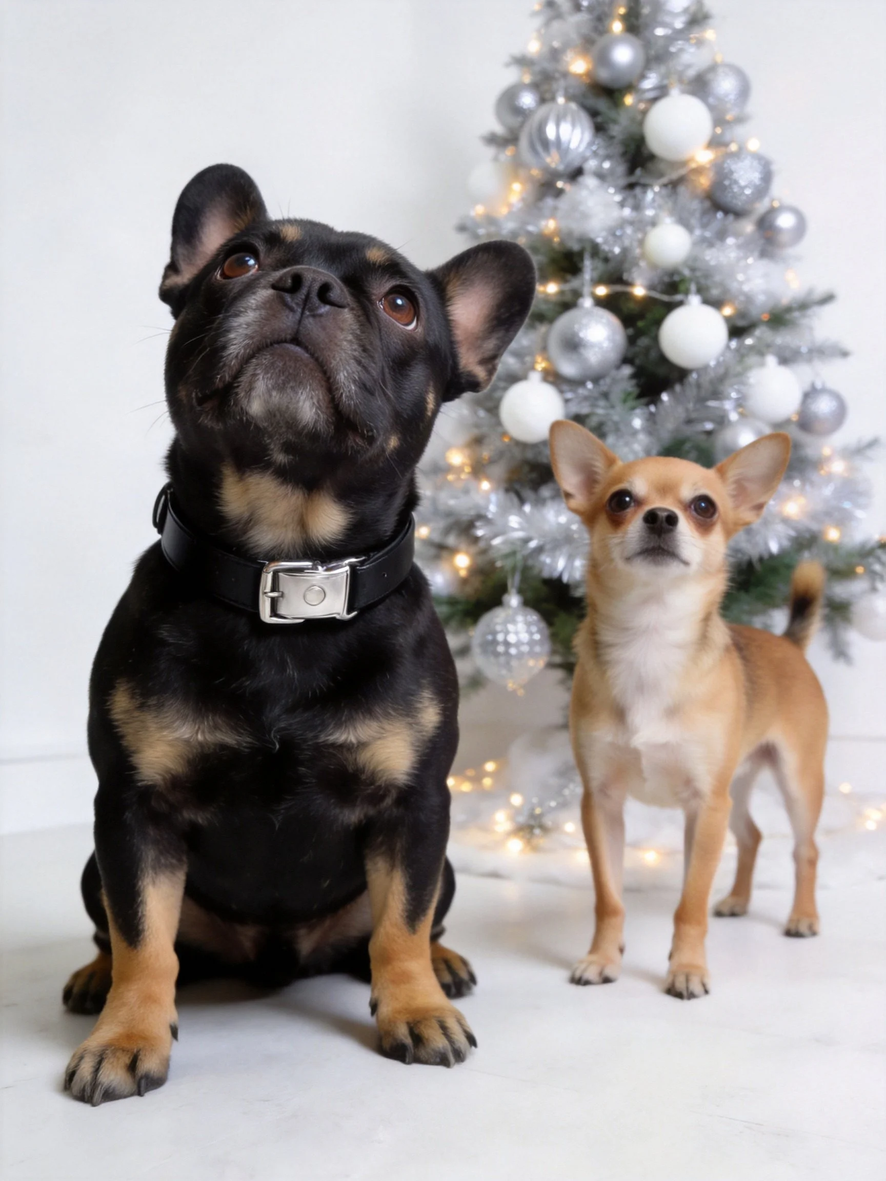 Two dogs of different breeds and colors stand beside a decorated Christmas tree.