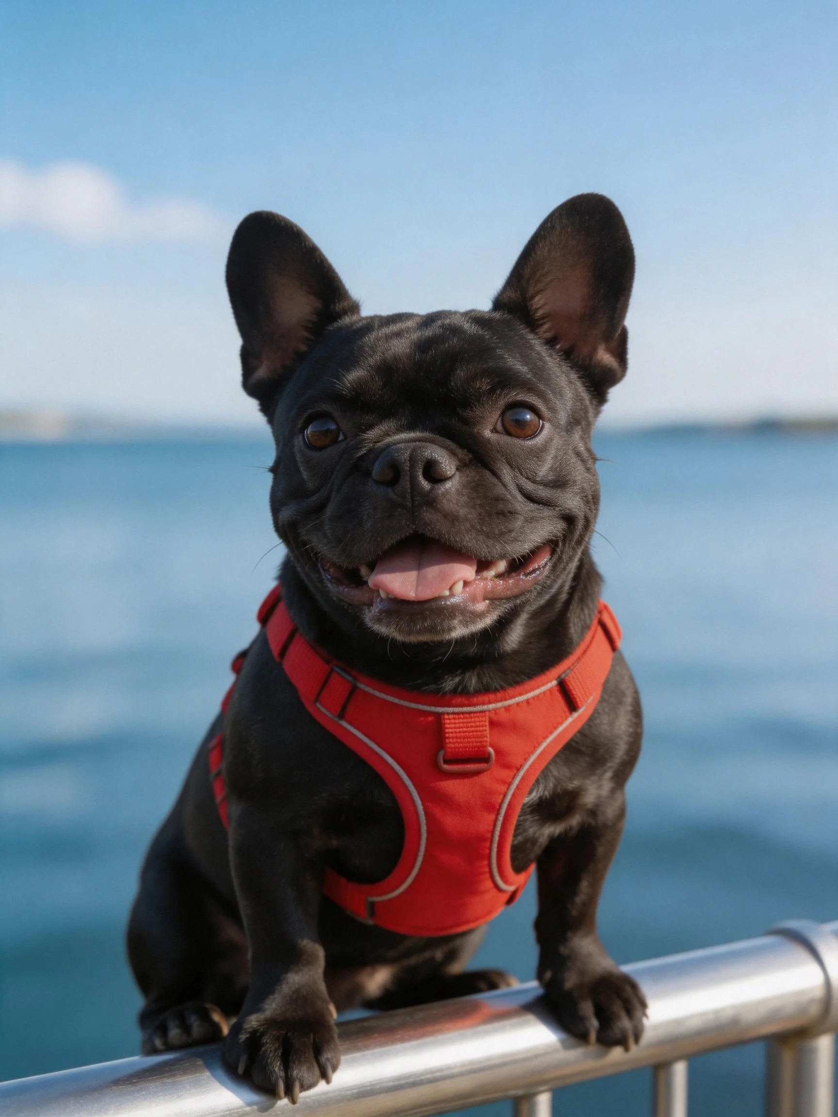 Black French bulldog in red harness by waterfront