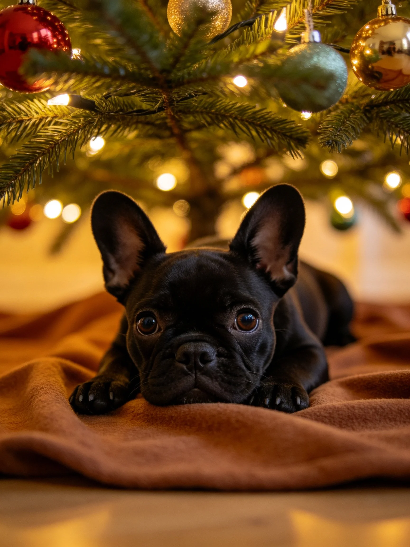 Black French bulldog puppy lies beneath a decorated Christmas tree.