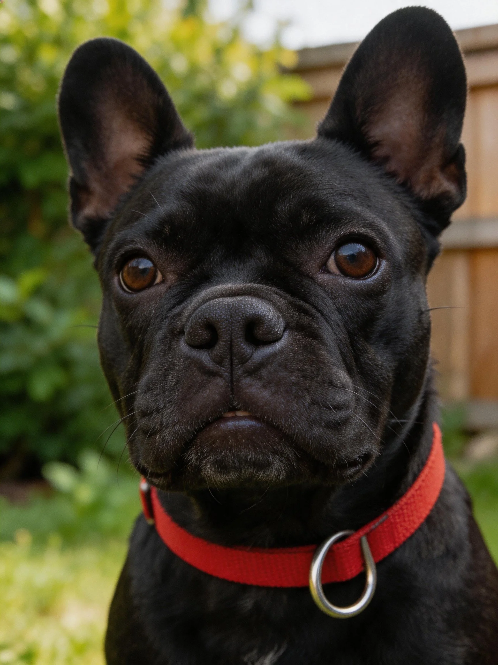Black French bulldog wearing red collar