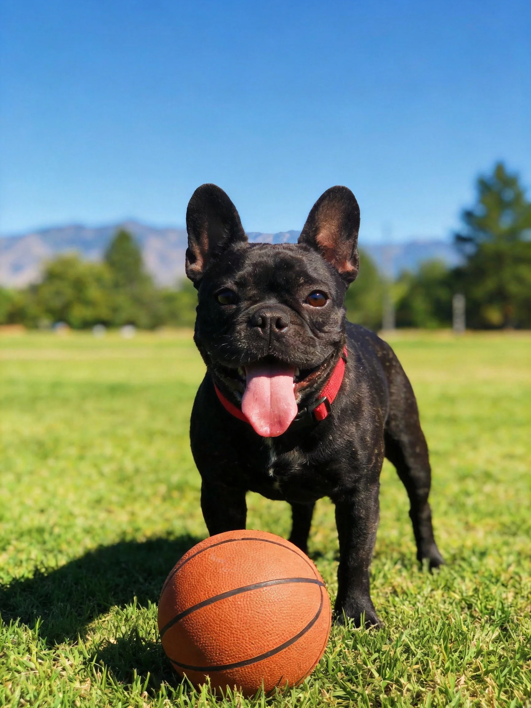 Black French bulldog with red collar near orange basketball on grassy field