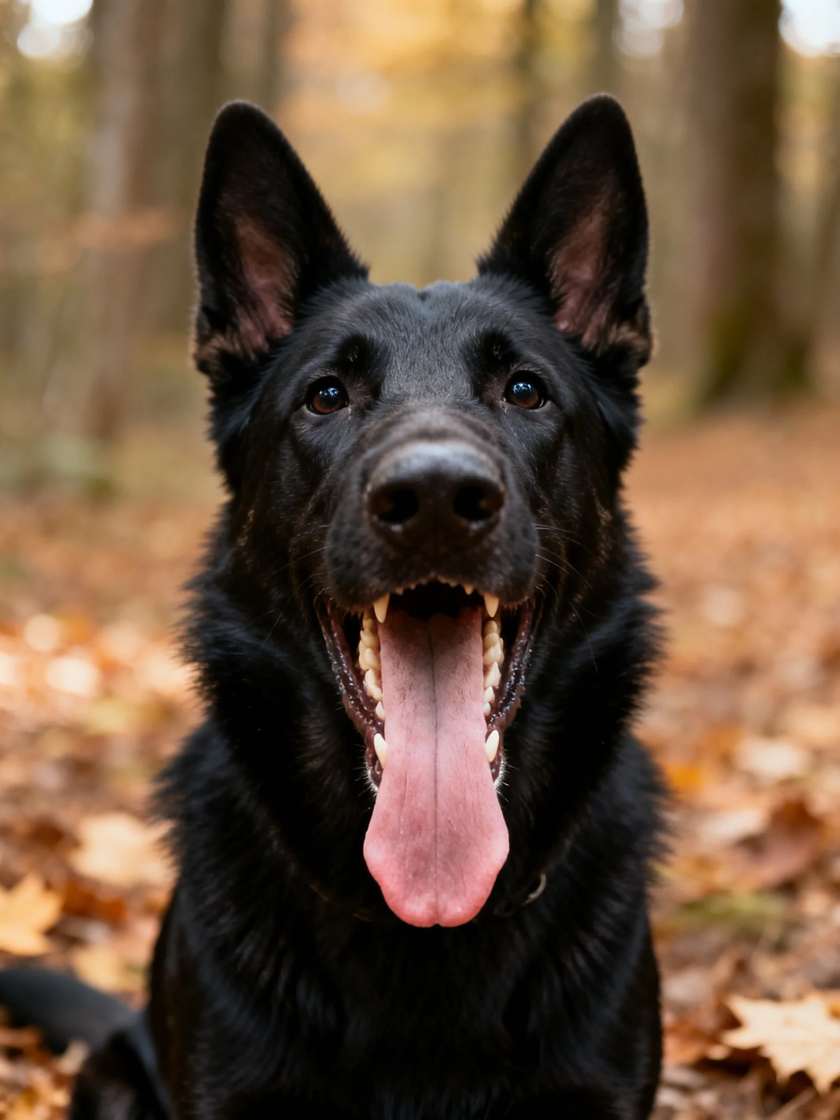 Black German Shepherd dog among autumn leaves in forest