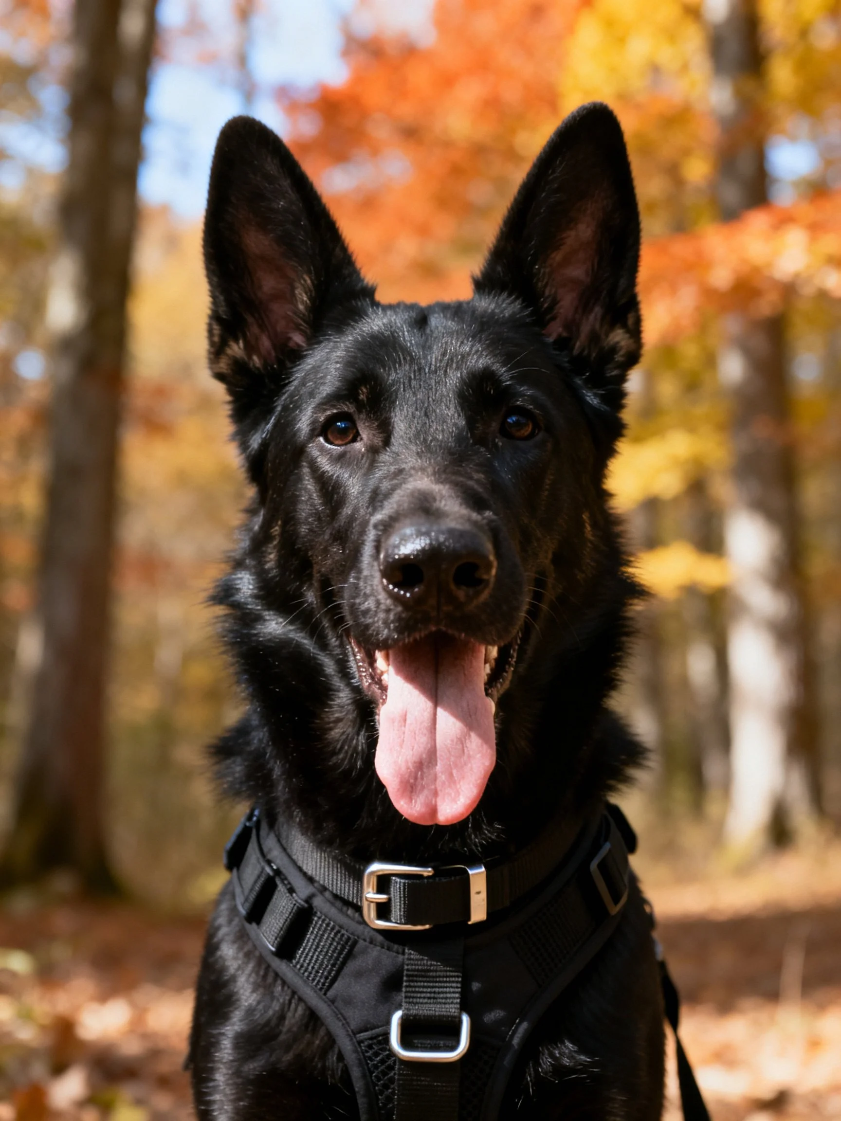 Black German Shepherd dog in harness near autumn trees