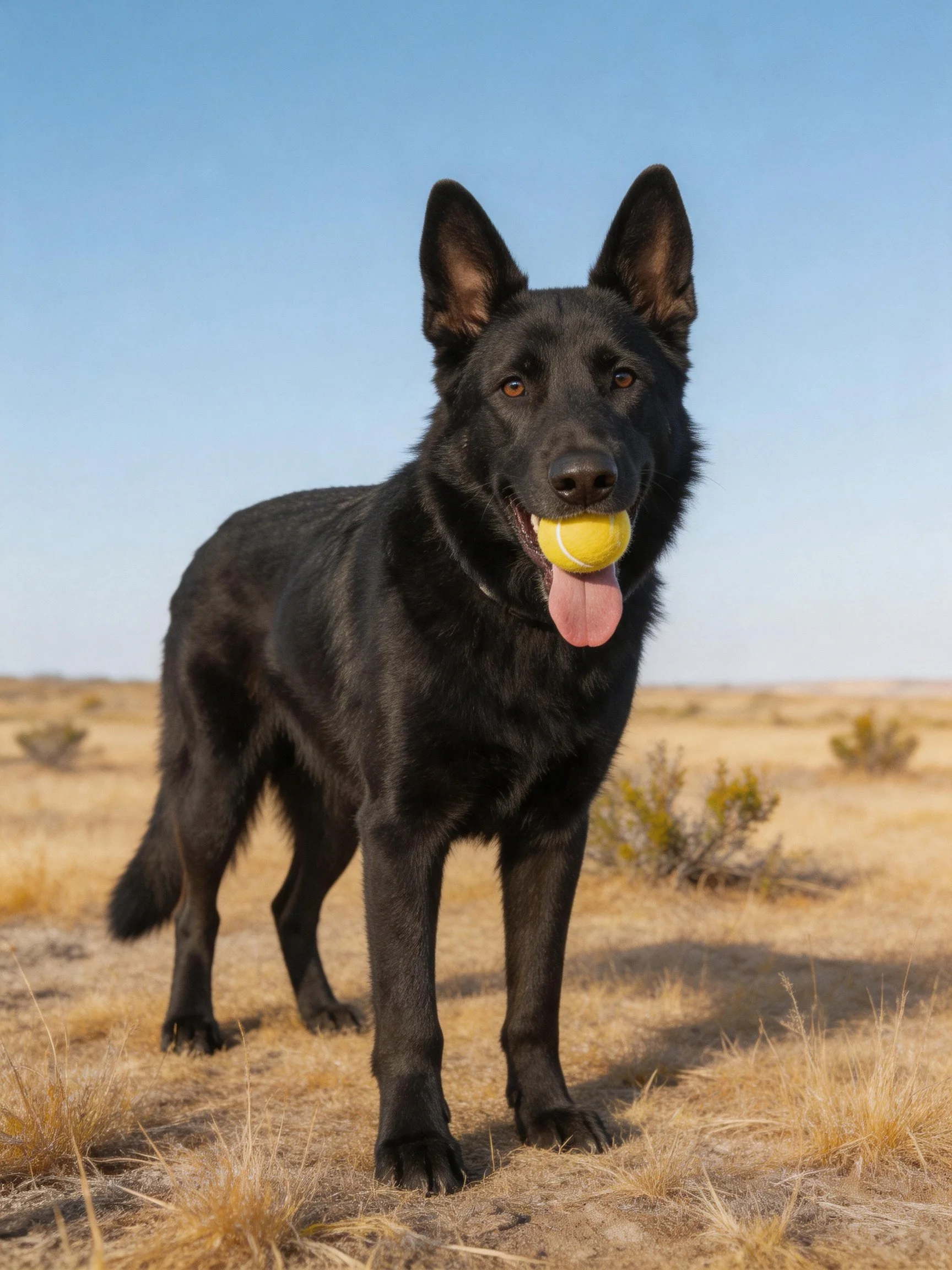 A black German Shepherd holds a yellow tennis ball in an open, dry area.
