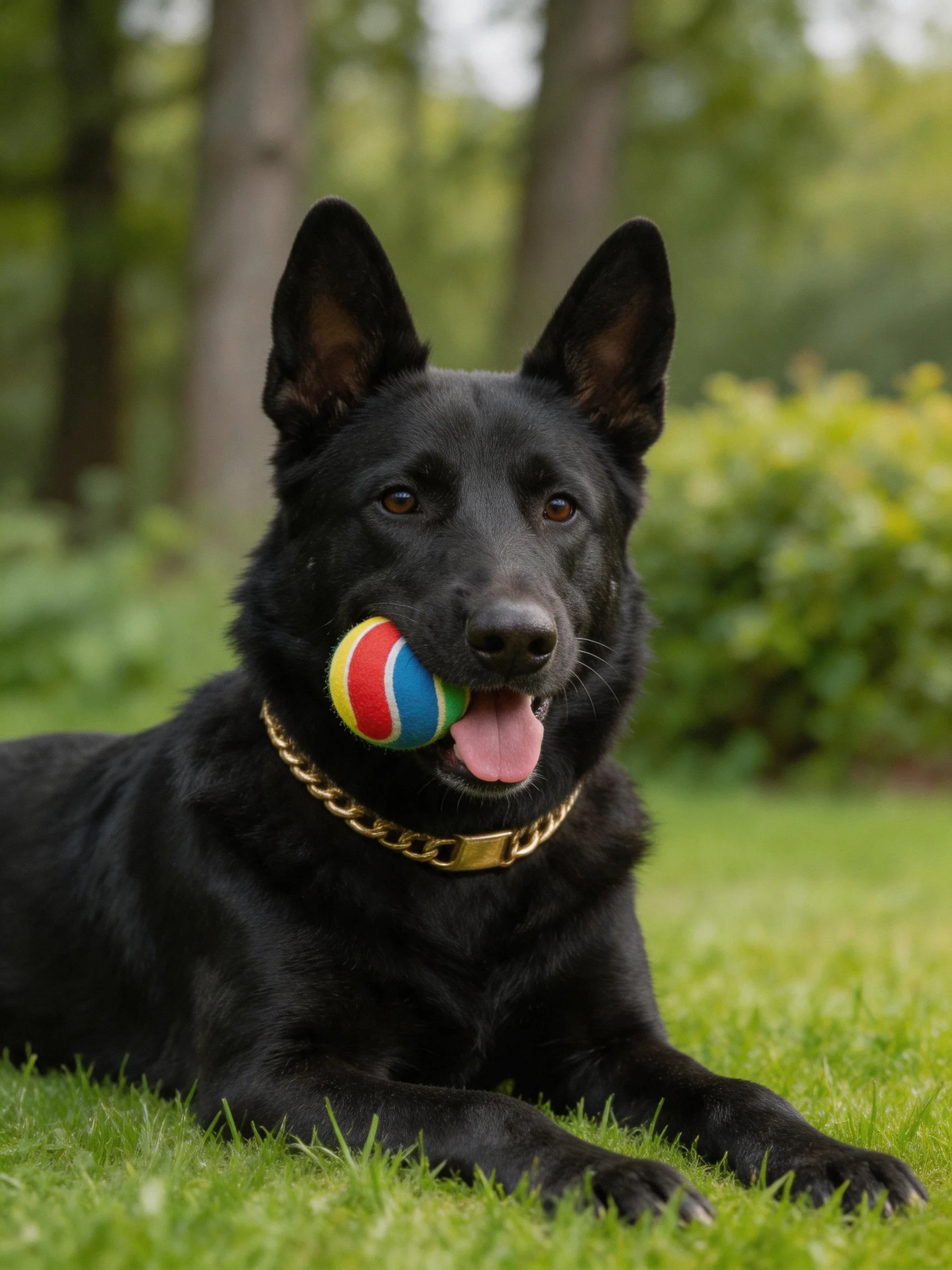 A black German Shepherd holds a colorful ball while resting on grass.