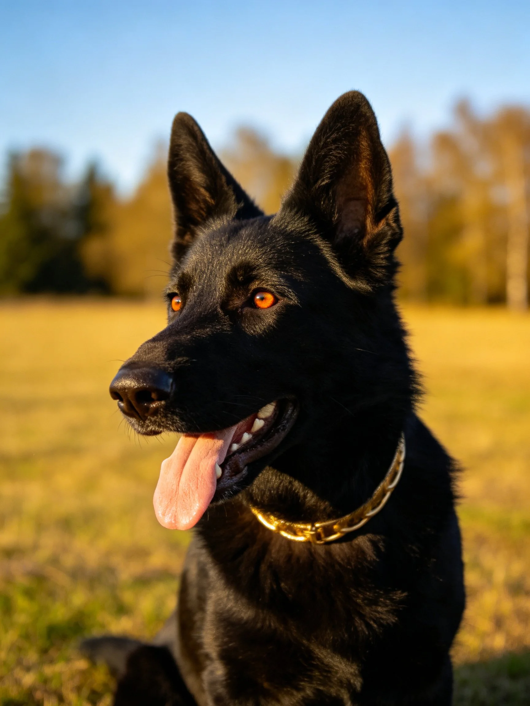 A black German Shepherd with an open mouth and tongue out sits in a sunlit field.