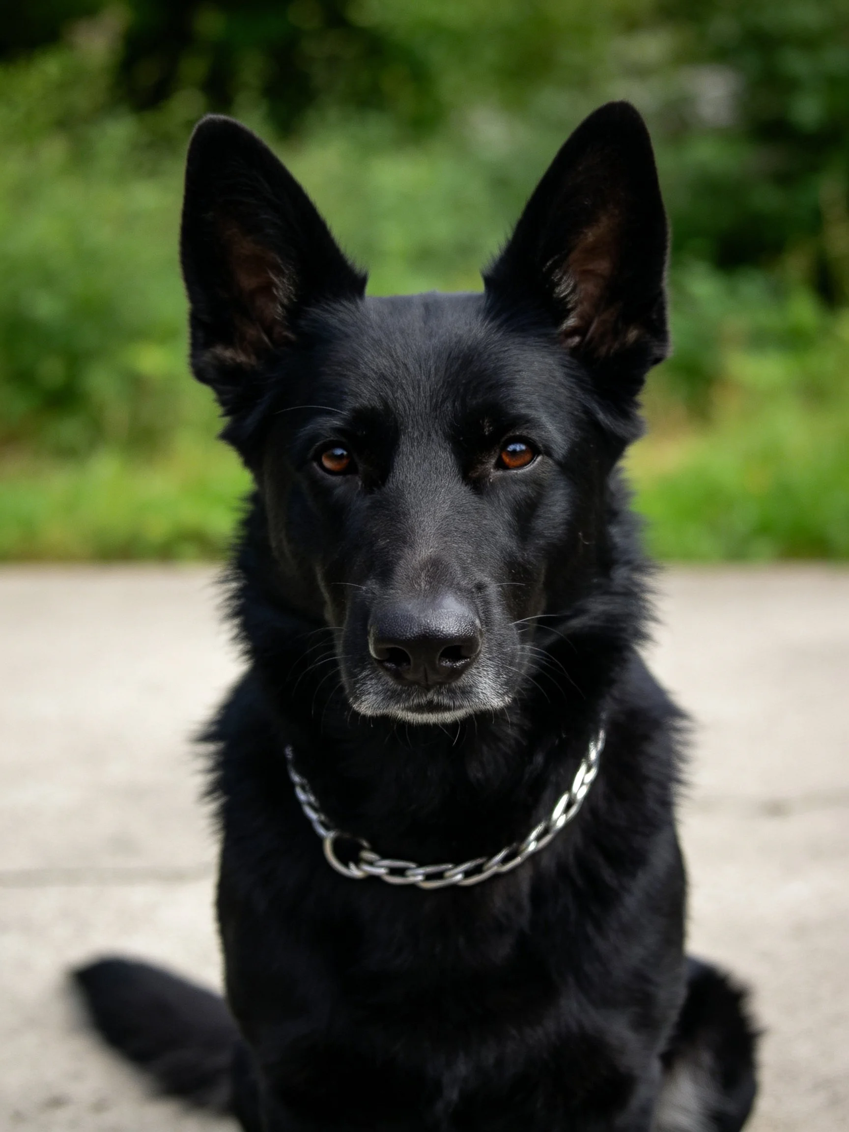 Black German Shepherd with silver chain collar outdoors