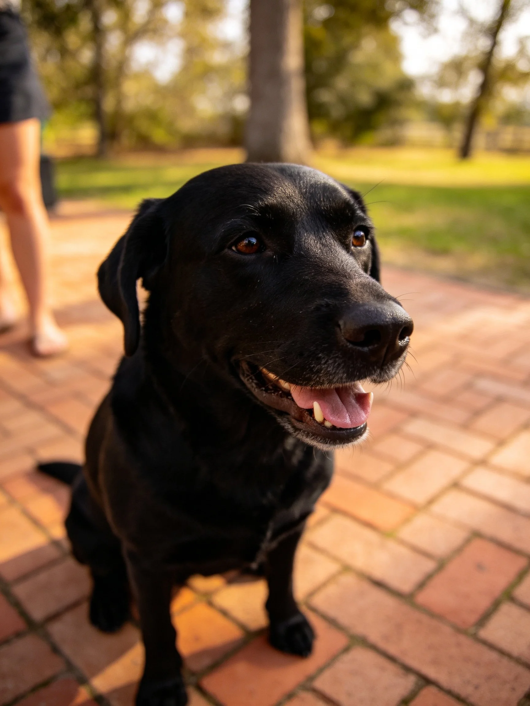 Black Labrador Retriever on brick patio in sunny outdoor area