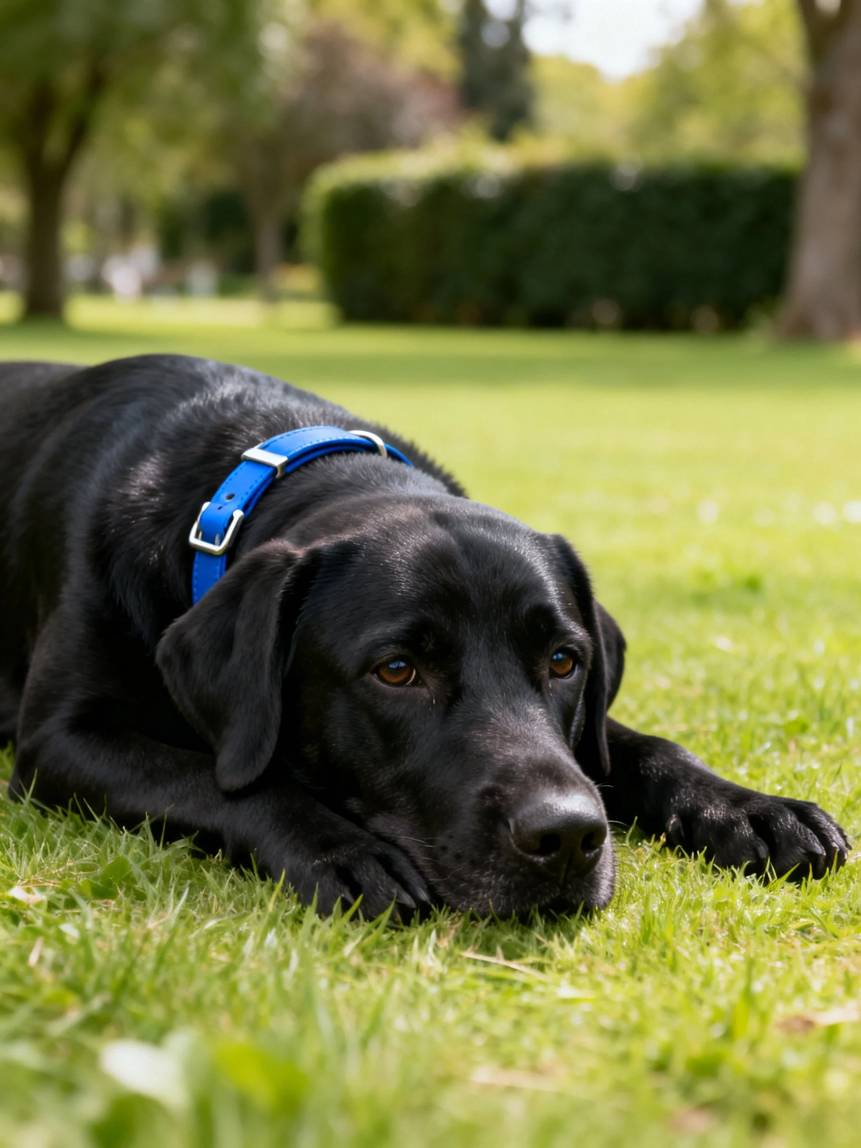 Black Labrador Retriever resting on lush green grass with blue collar